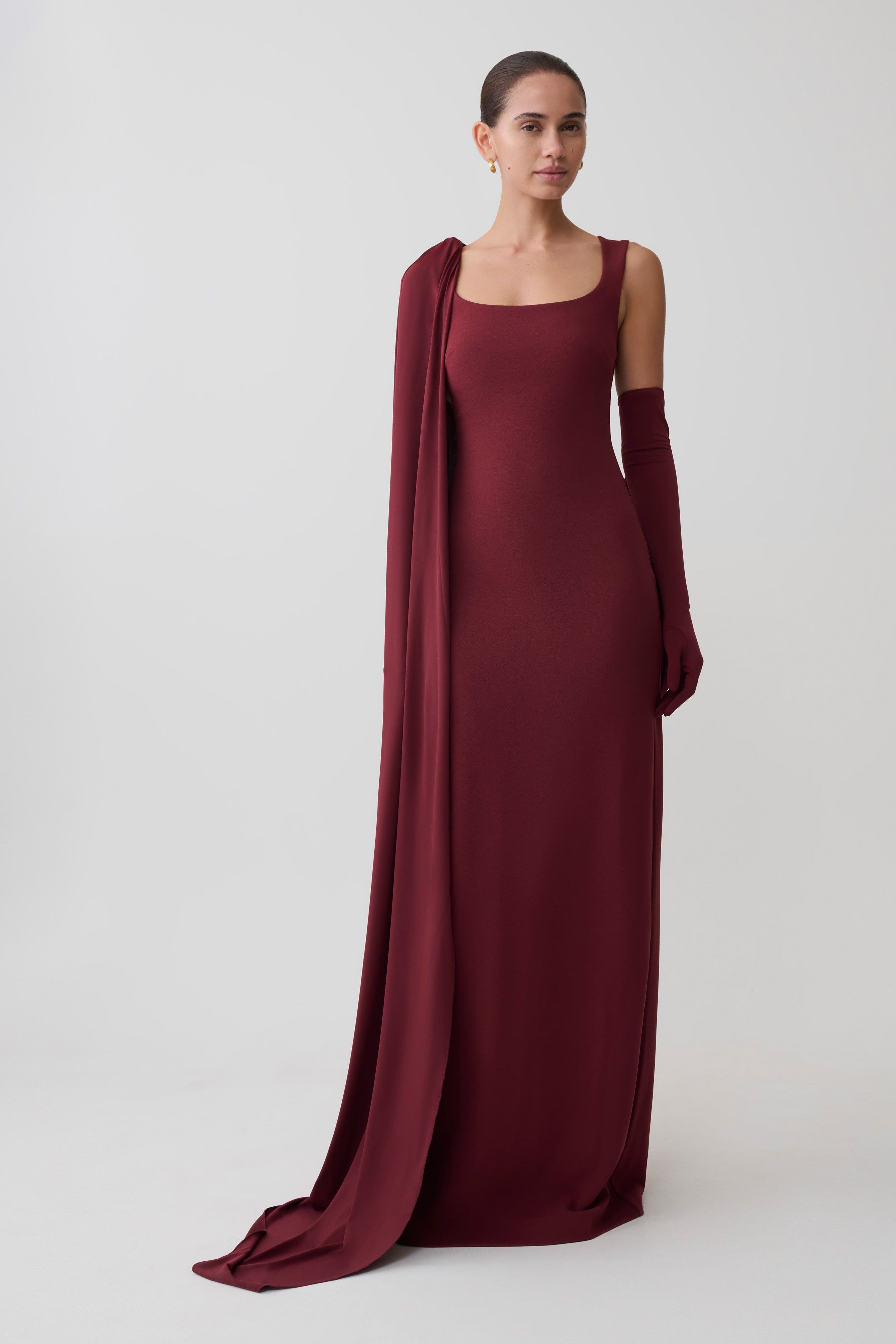 Rhea Detachable Cape Jersey Maxi Dress