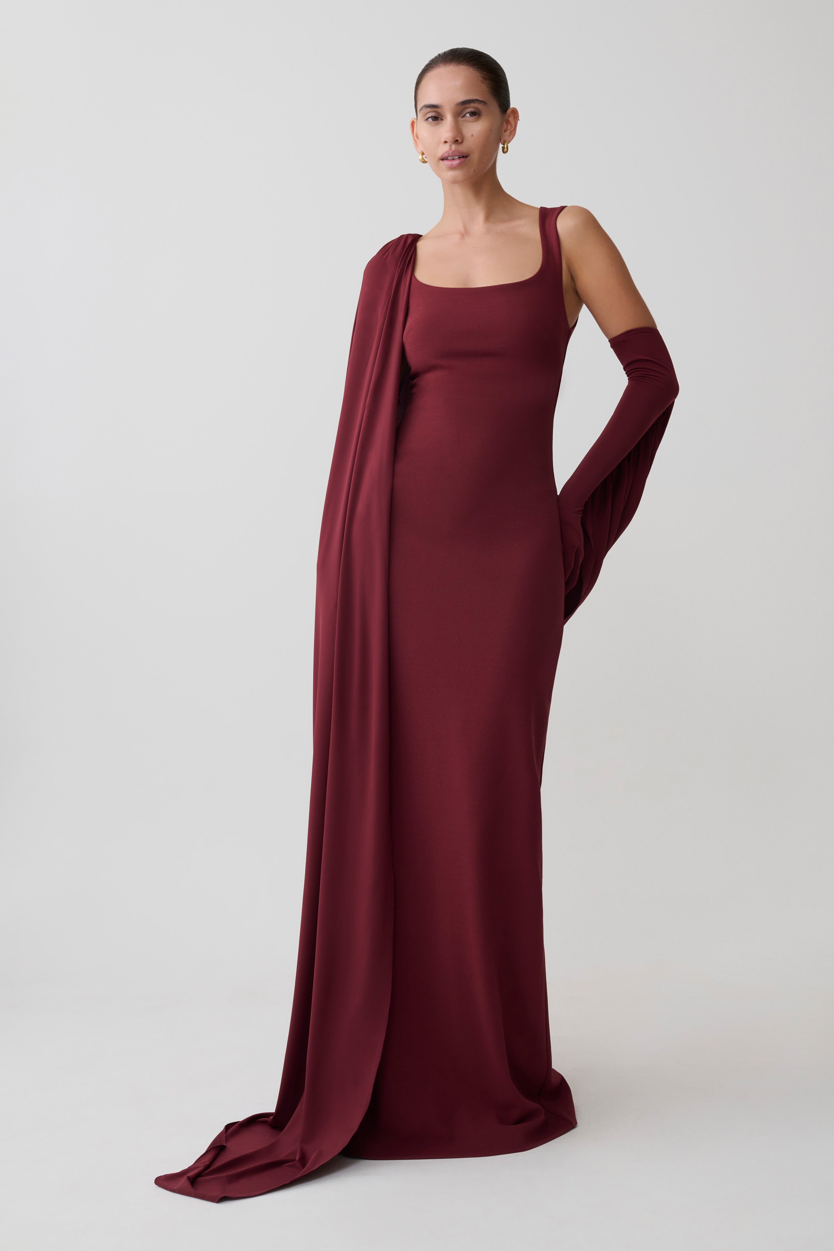 Rhea Detachable Cape Jersey Maxi Dress