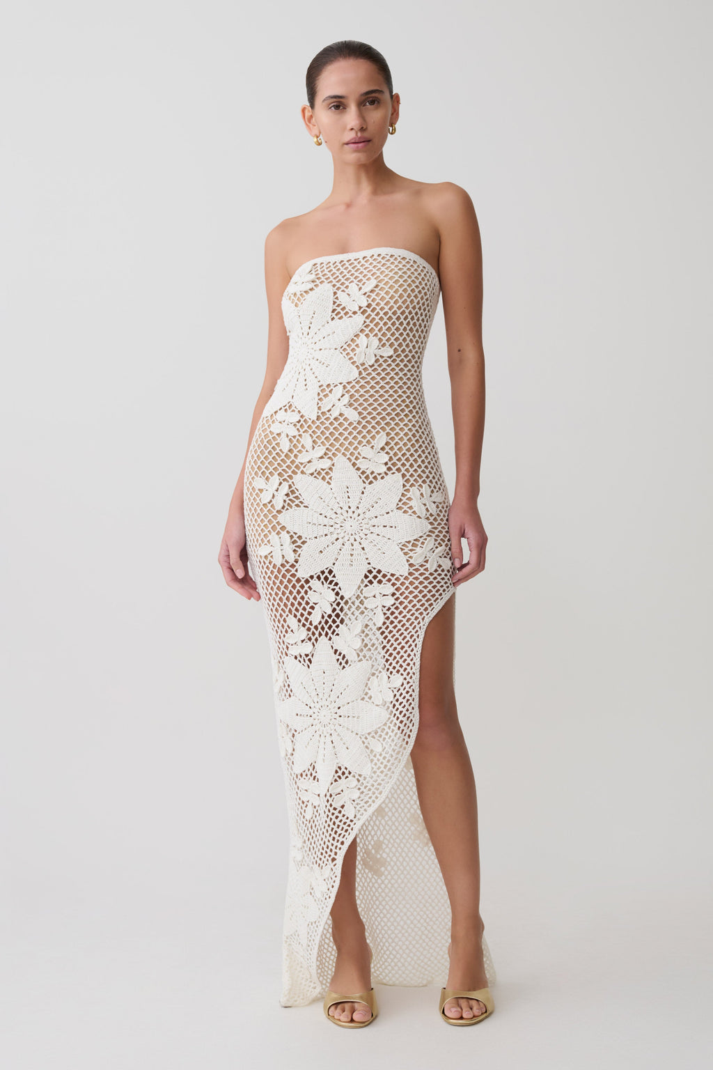 Mandie Hand Crochet Asymmetrical Maxi Dress in White – Chic&Drifts