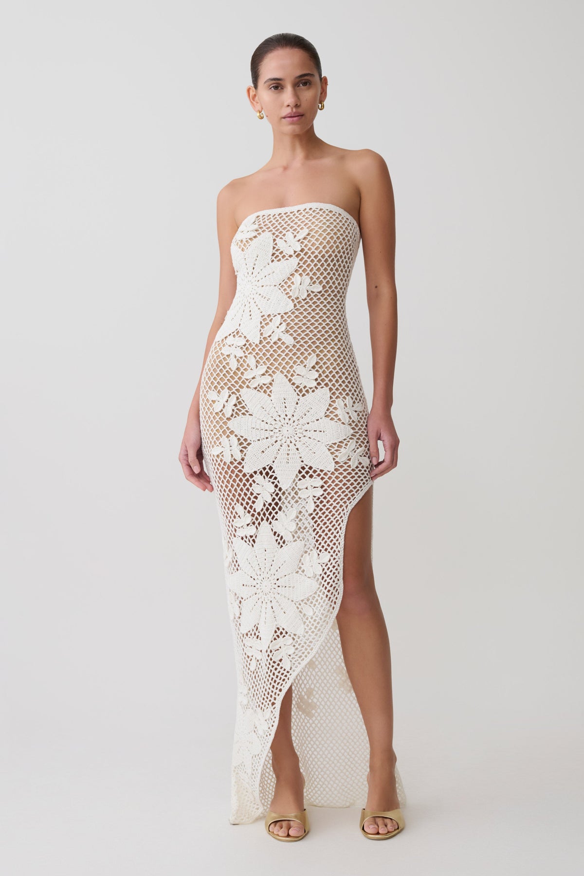 Mandie Hand Crochet Asymmetrical Maxi Dress in White – Chic&Drifts