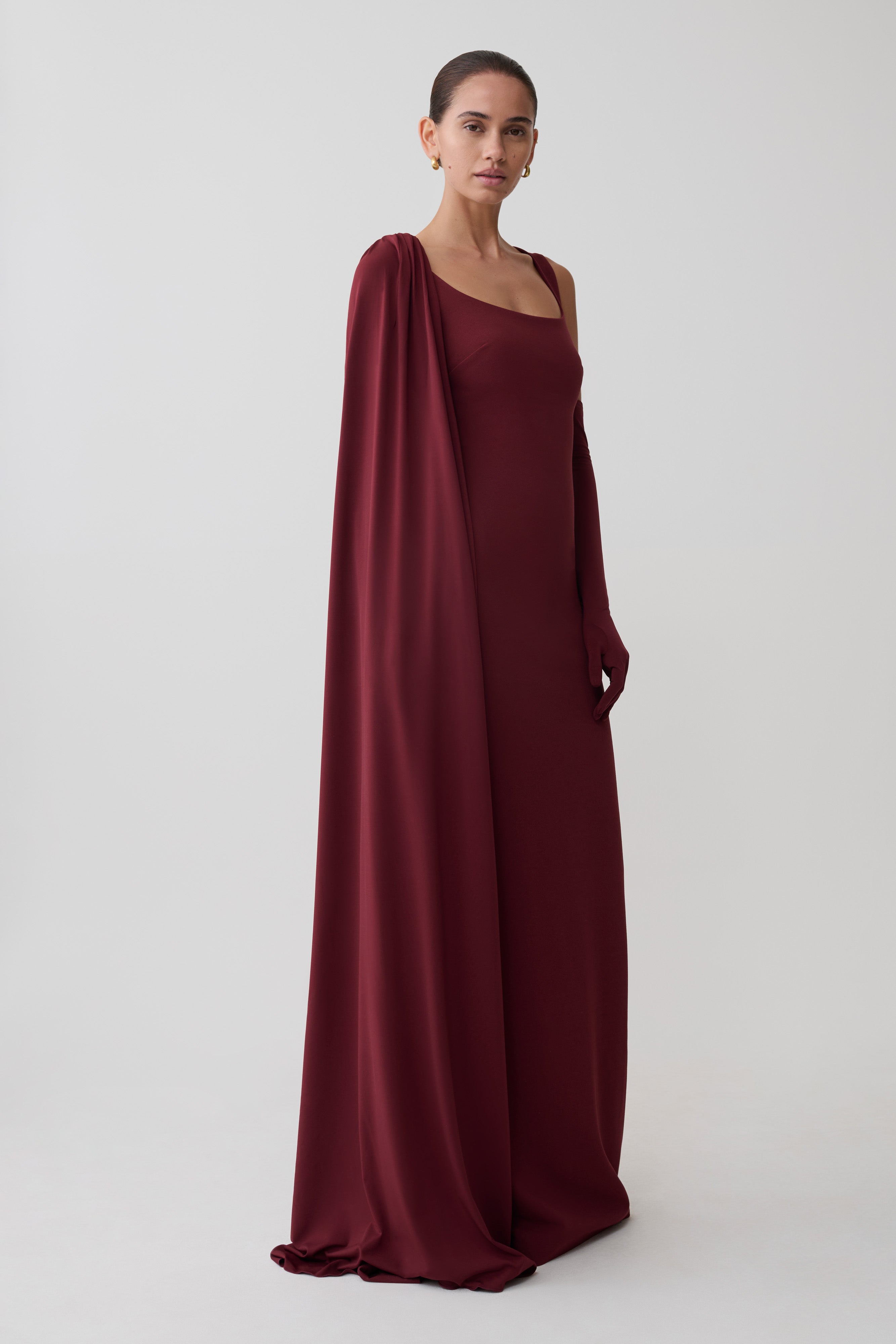 Rhea Detachable Cape Jersey Maxi Dress