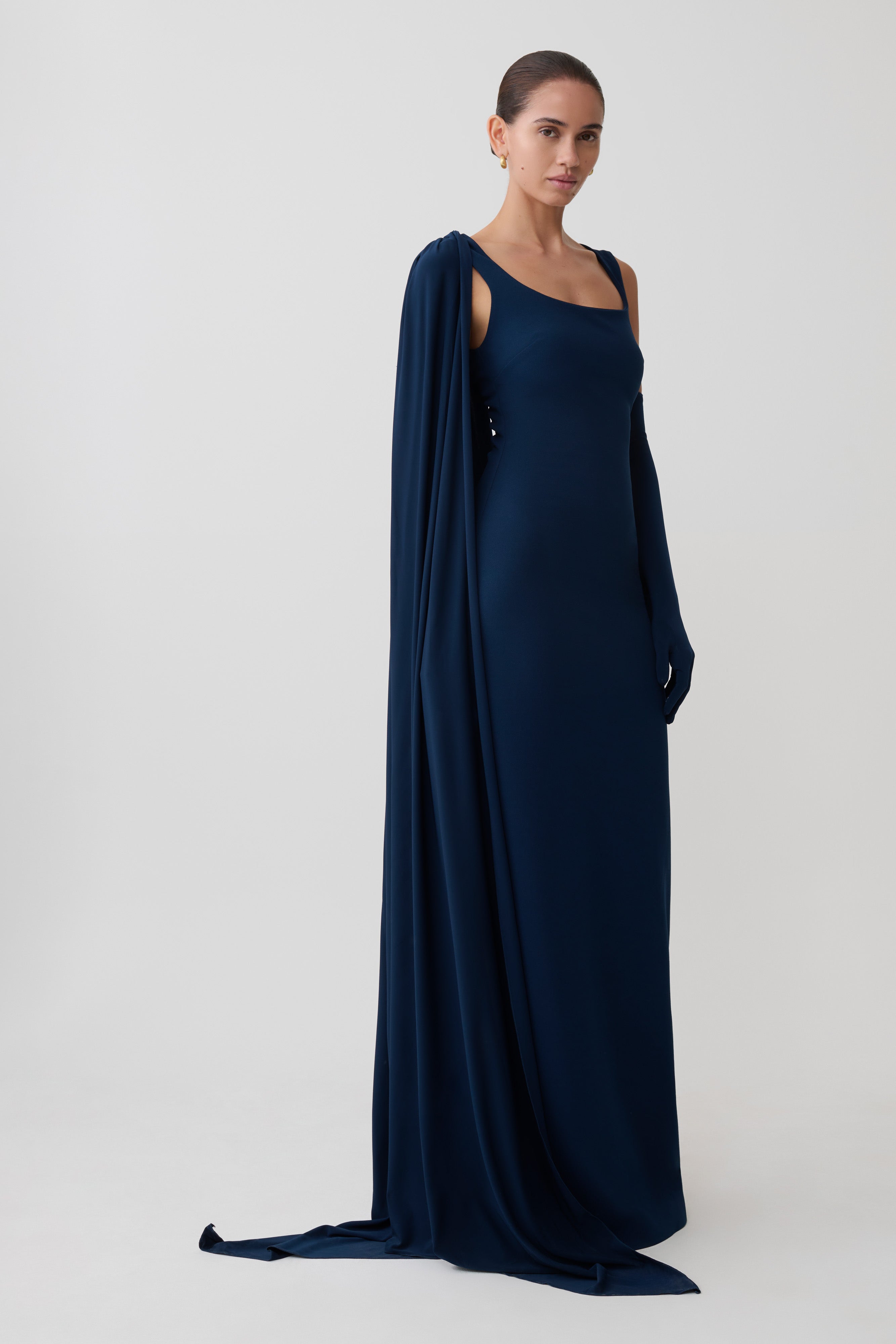 Rhea Detachable Cape Jersey Maxi Dress