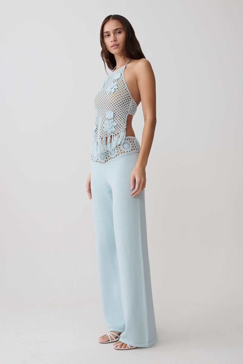 Miley Crochet Waistband Straight Leg Trouser - Pale Aqua