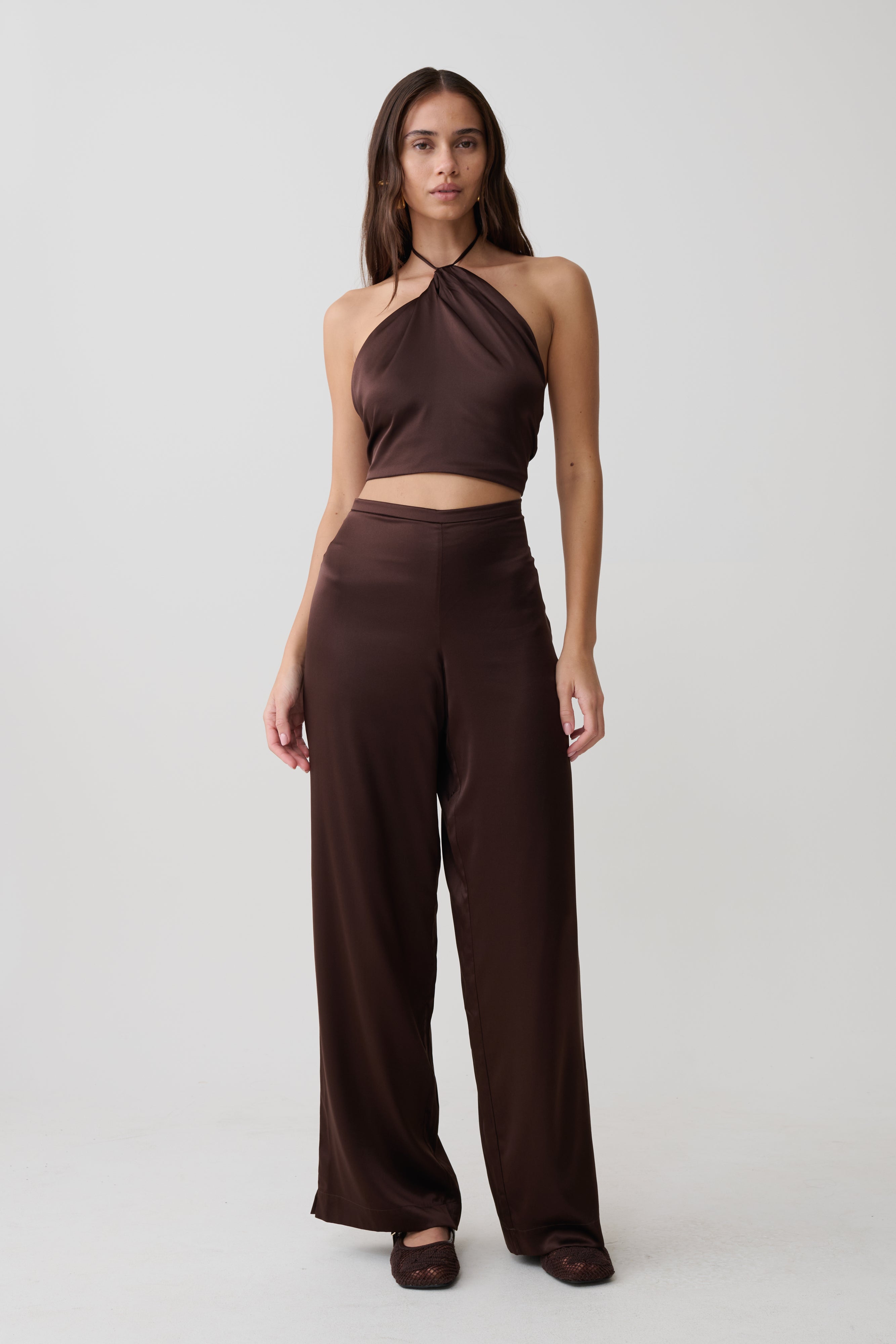 Kayla Silk Blend Straight Leg Trousers - Dark Chocolate