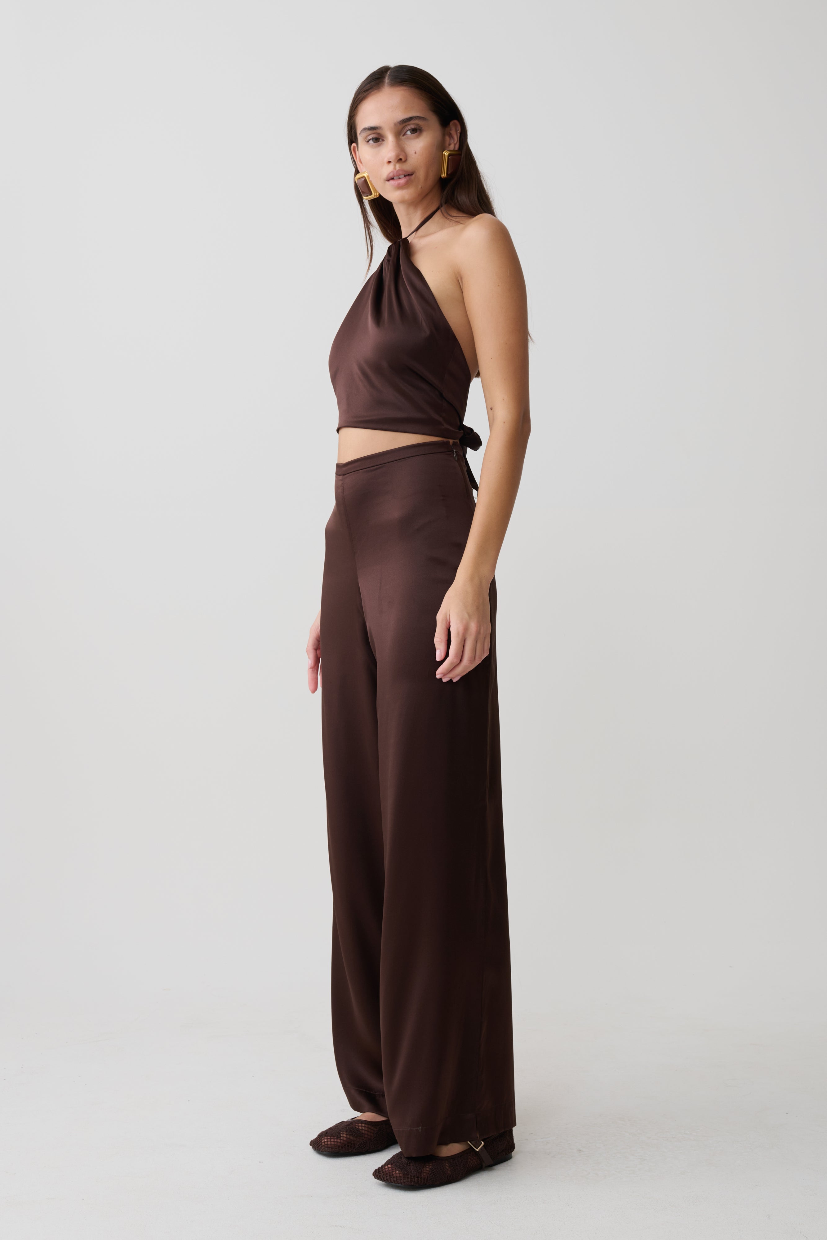 Kayla Silk Blend Straight Leg Trousers - Dark Chocolate