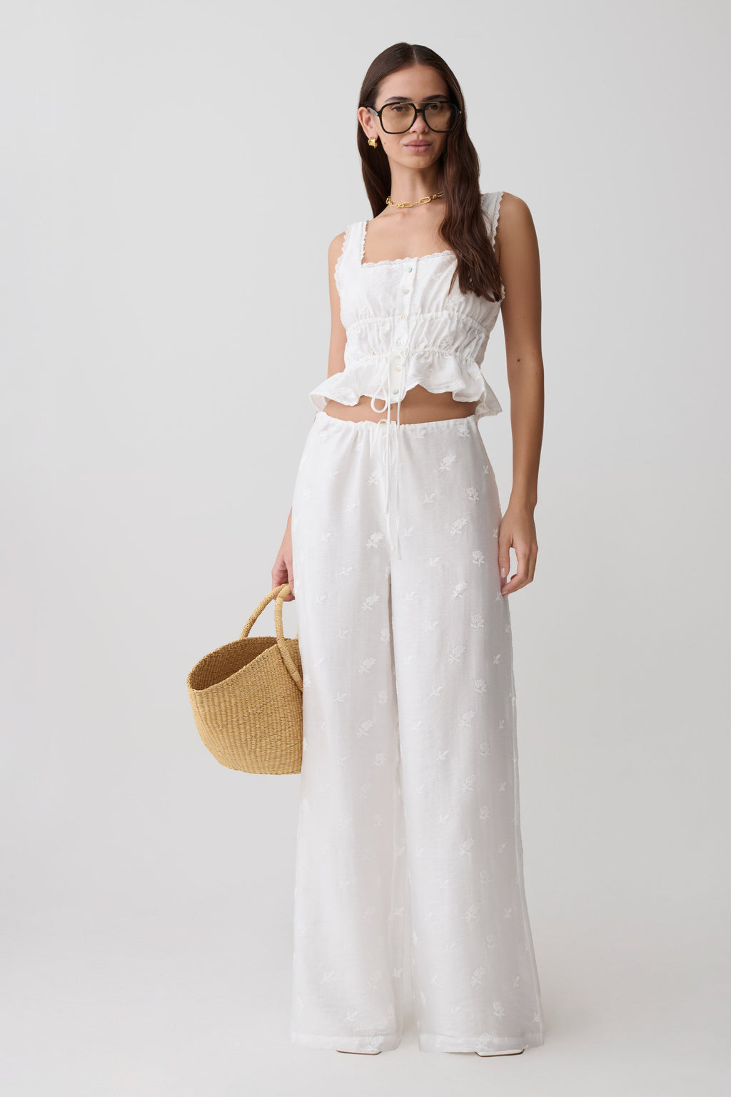 Vivian Tie Waist Embroidered Trouser - White