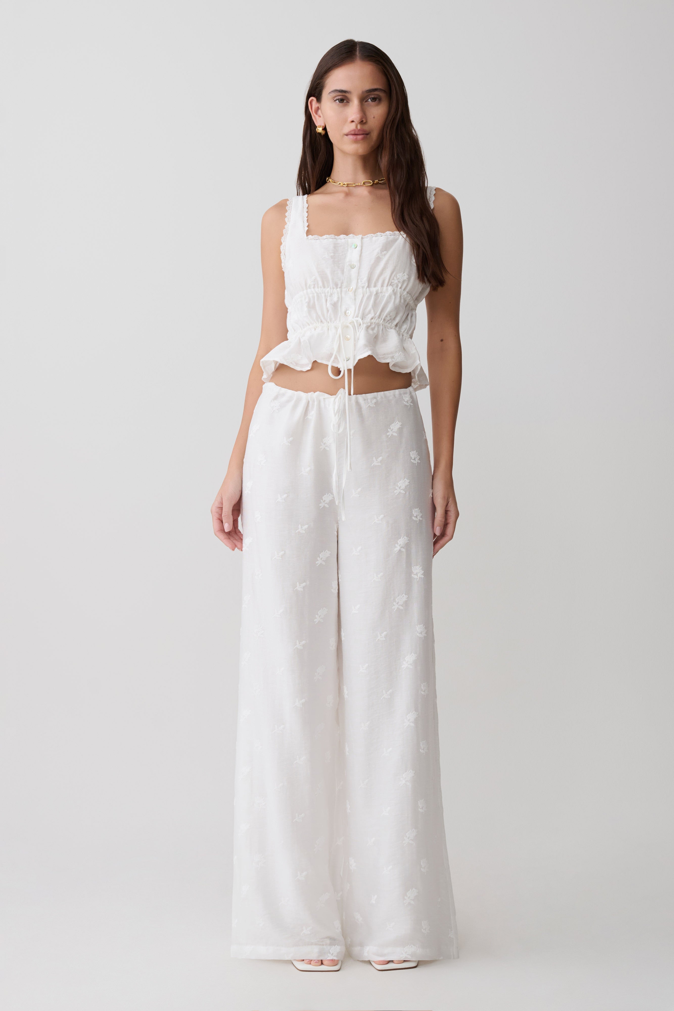 Vivian Tie Waist Embroidered Trouser - White