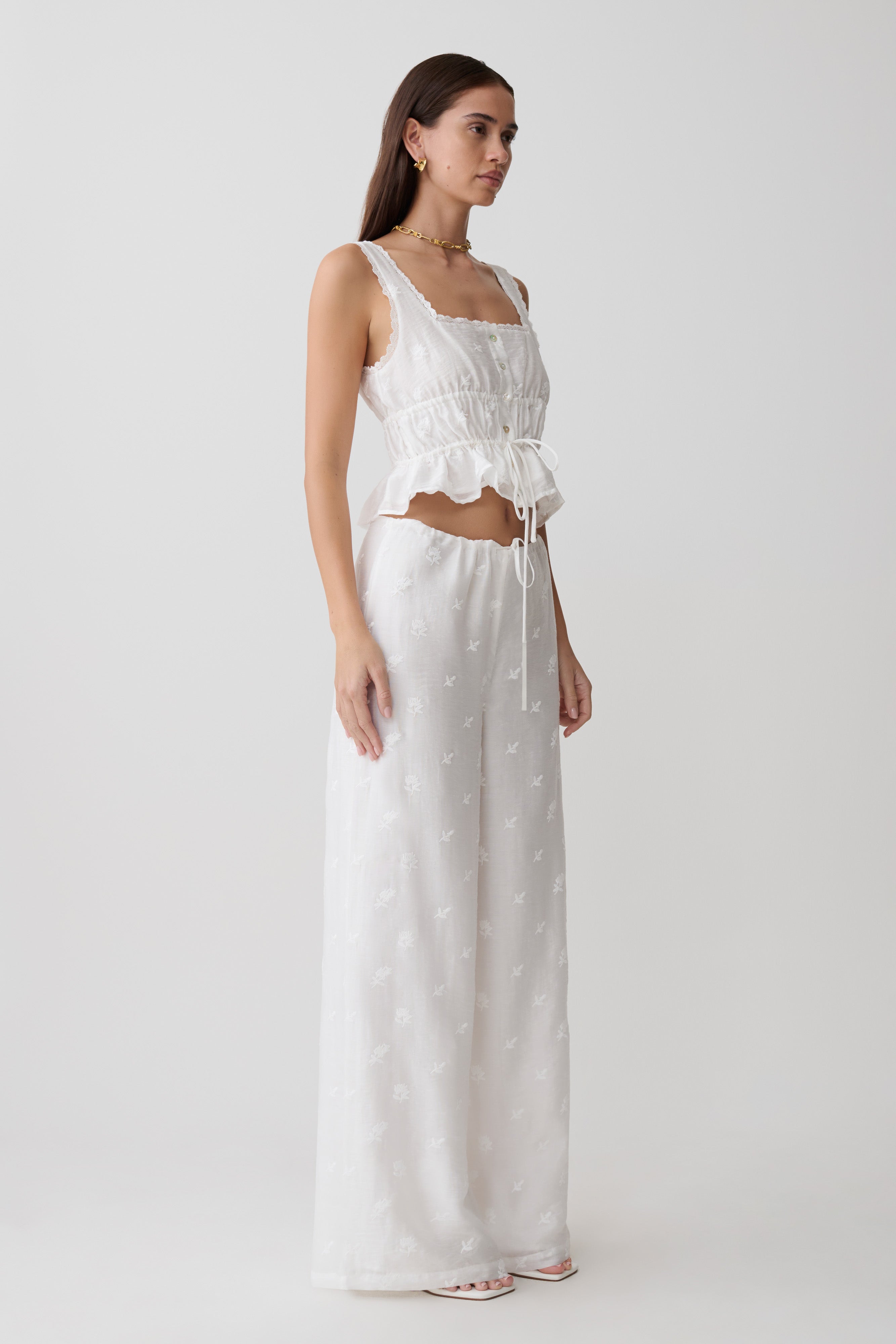 Vivian Tie Waist Embroidered Trouser - White