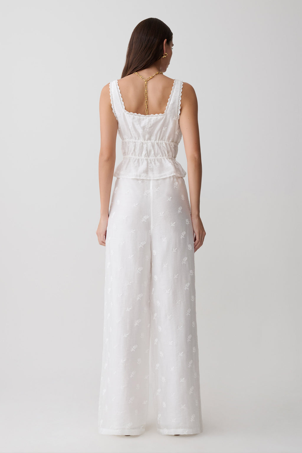 Vivian Tie Waist Embroidered Trouser - White