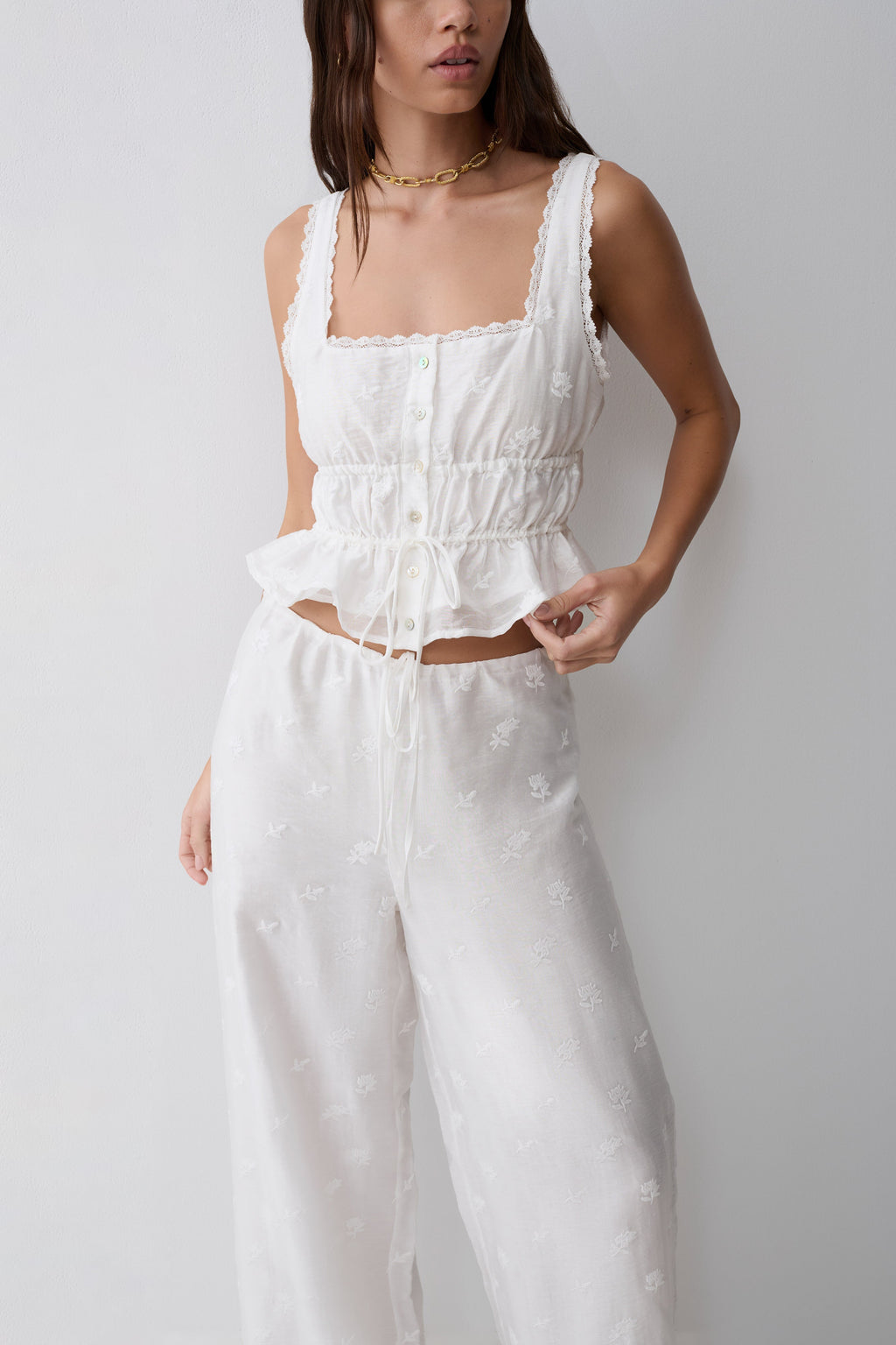 Vivian Tie Waist Embroidered Trouser - White