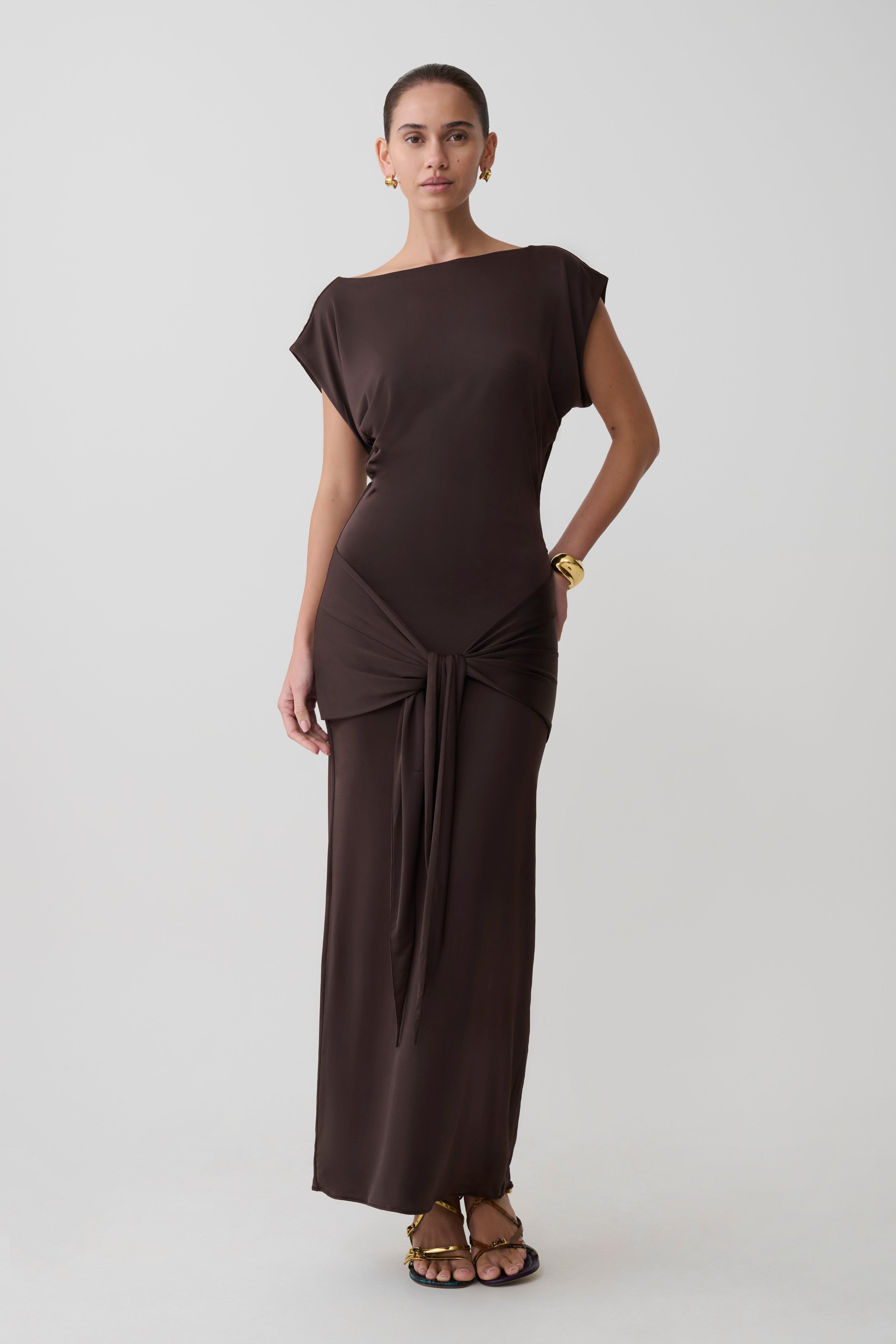 Maiara Shortsleeve Slinky Tie Maxi Dress