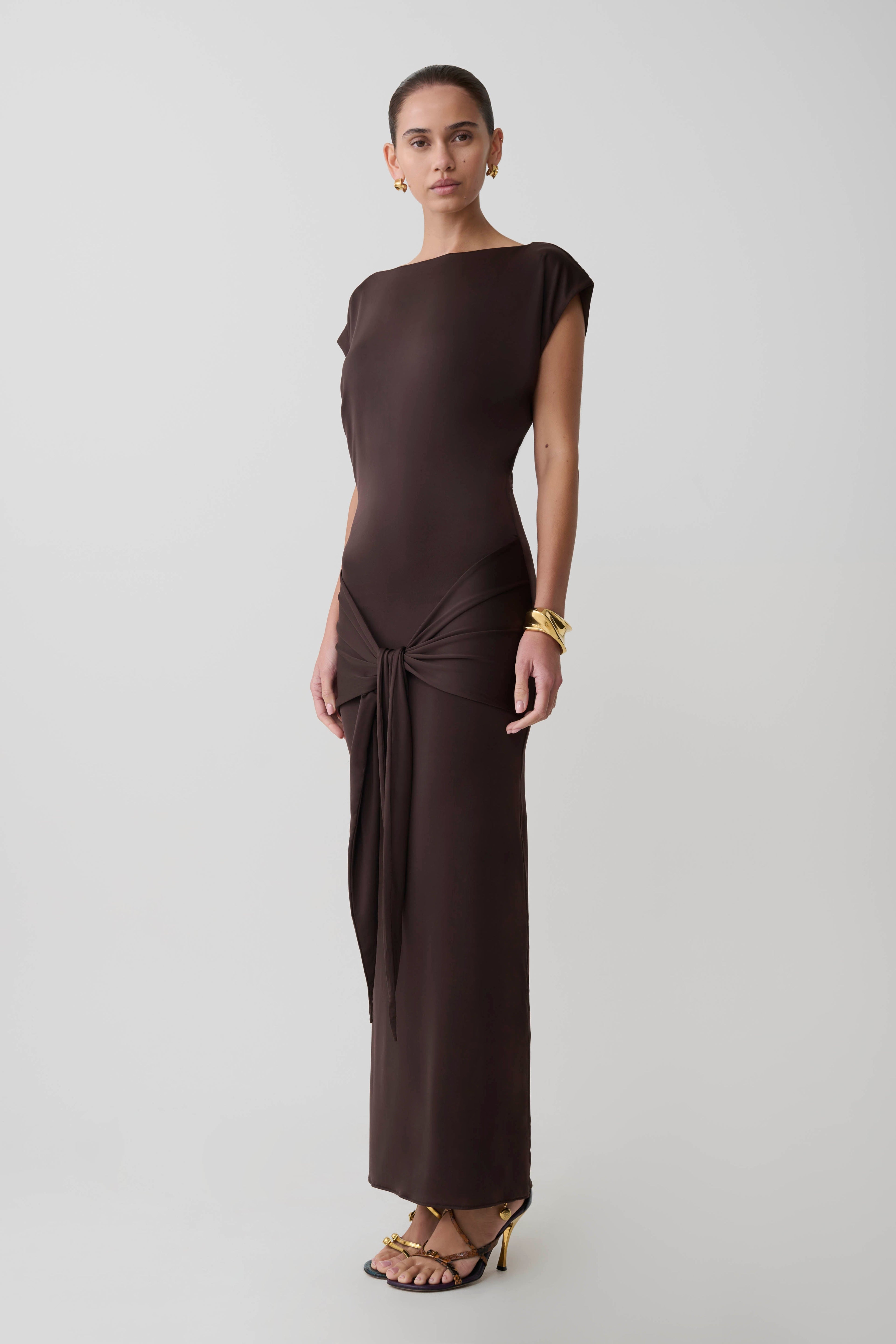 Maiara Shortsleeve Slinky Tie Maxi Dress