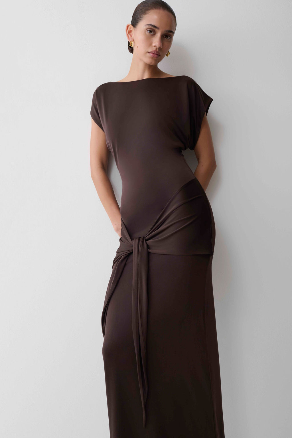 Maiara Shortsleeve Slinky Tie Maxi Dress