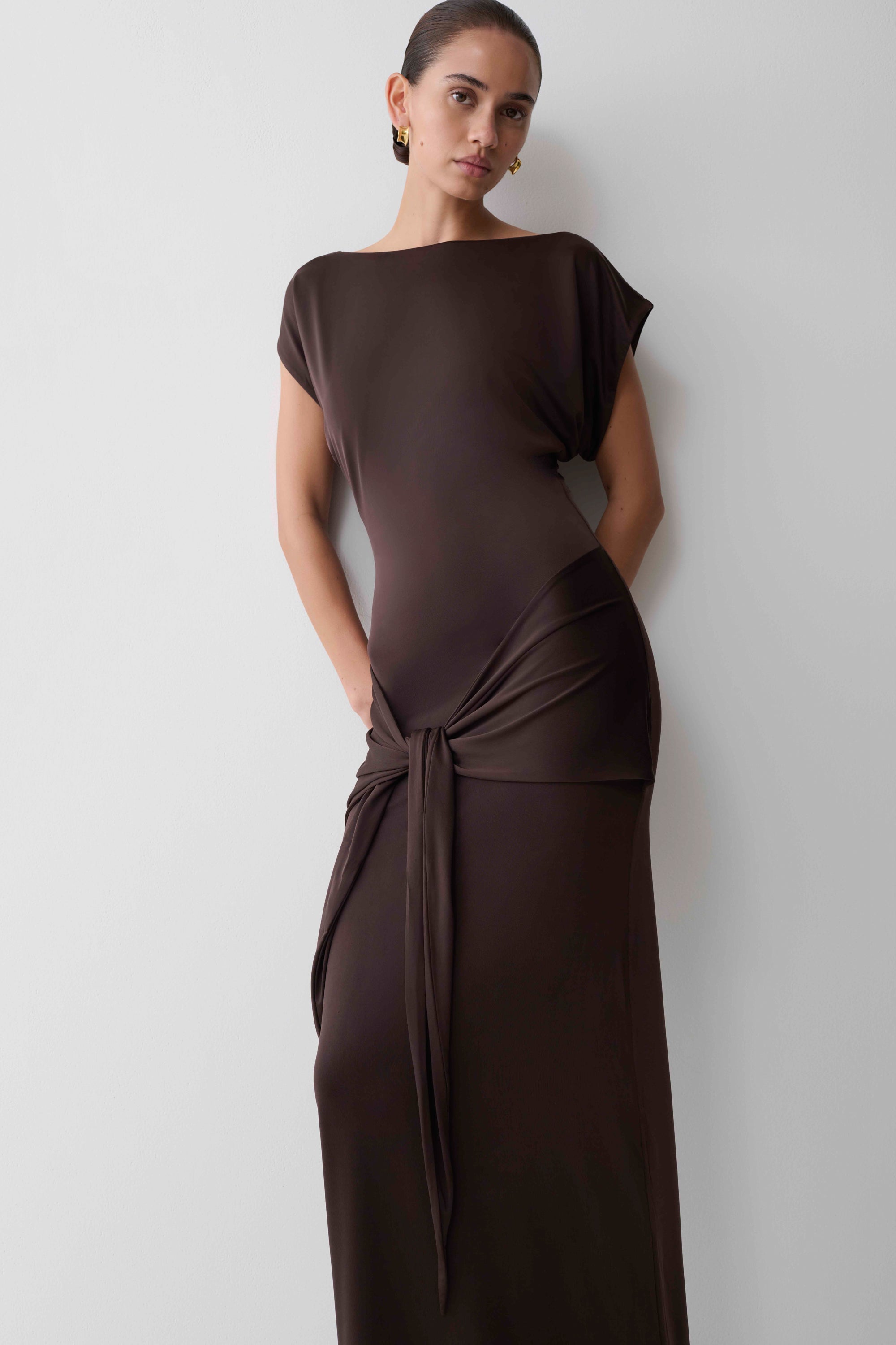 Maiara Shortsleeve Slinky Tie Maxi Dress