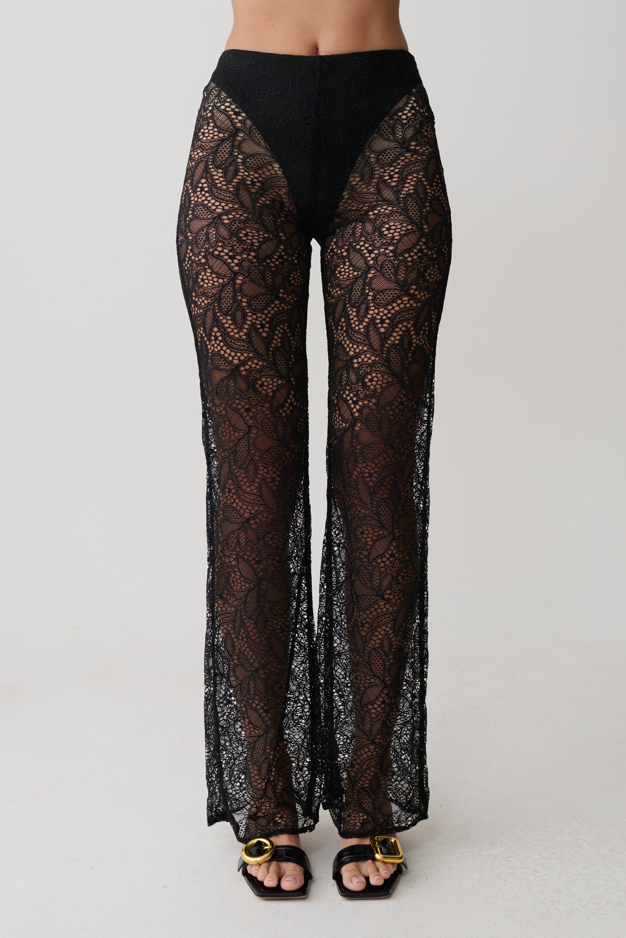 Theodosia Wide Leg Lace Trousers - Black