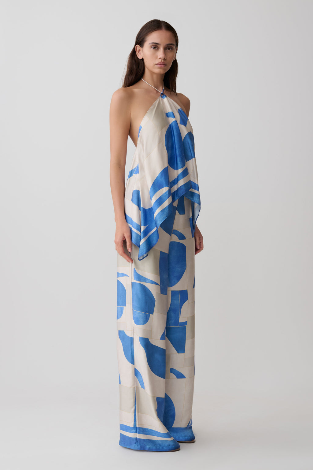 Rachel Satin Straight Leg Trousers - Blue Geo Tile Print