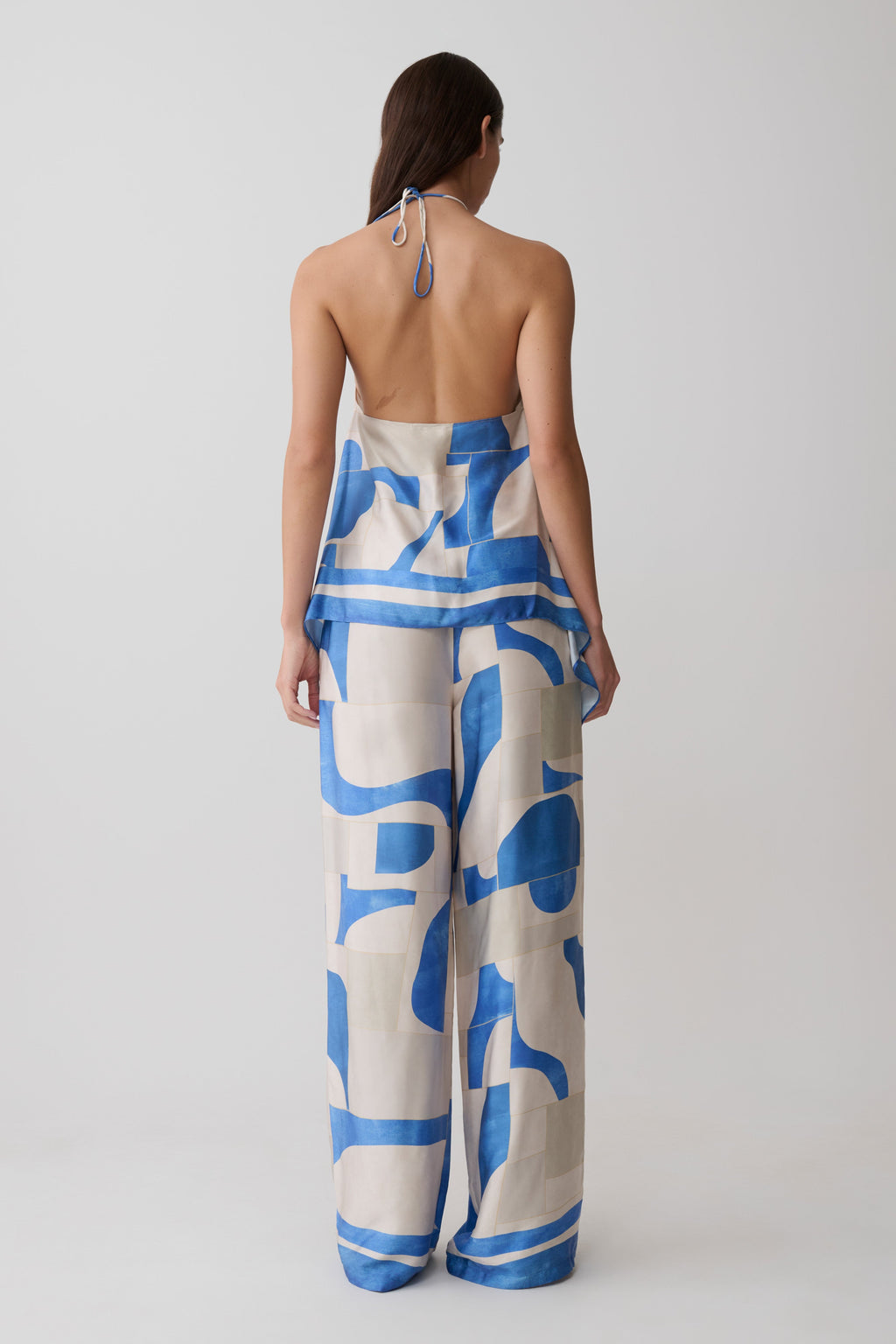 Rachel Satin Straight Leg Trousers - Blue Geo Tile Print