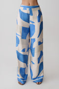 Rachel Satin Straight Leg Trousers - Blue Geo Tile Print