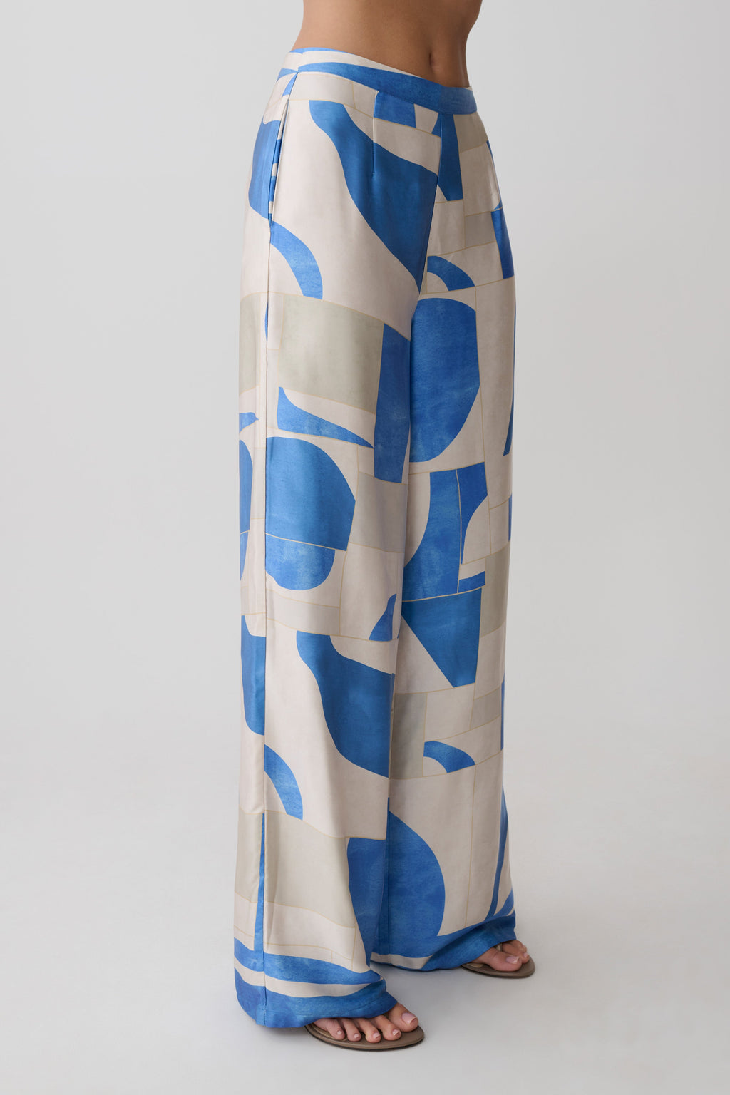 Rachel Satin Straight Leg Trousers - Blue Geo Tile Print