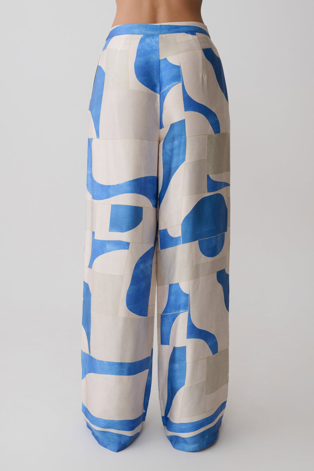 Rachel Satin Straight Leg Trousers - Blue Geo Tile Print