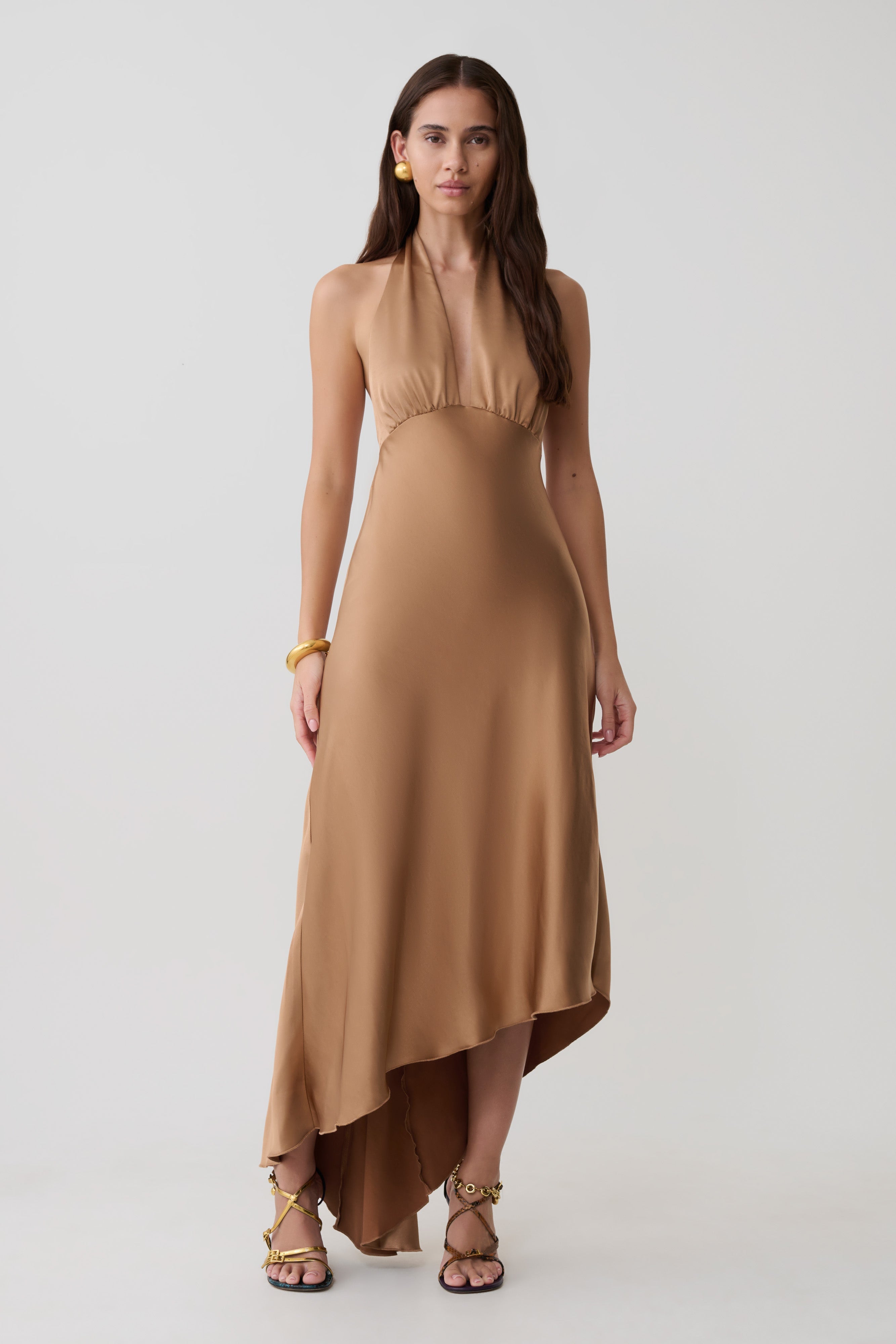 Adelie Asymmetric Hem Halter Midi Dress
