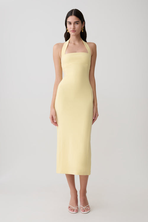 Amelita Suiting Halter Midi Dress in Pale Lemon – Chic&Drifts