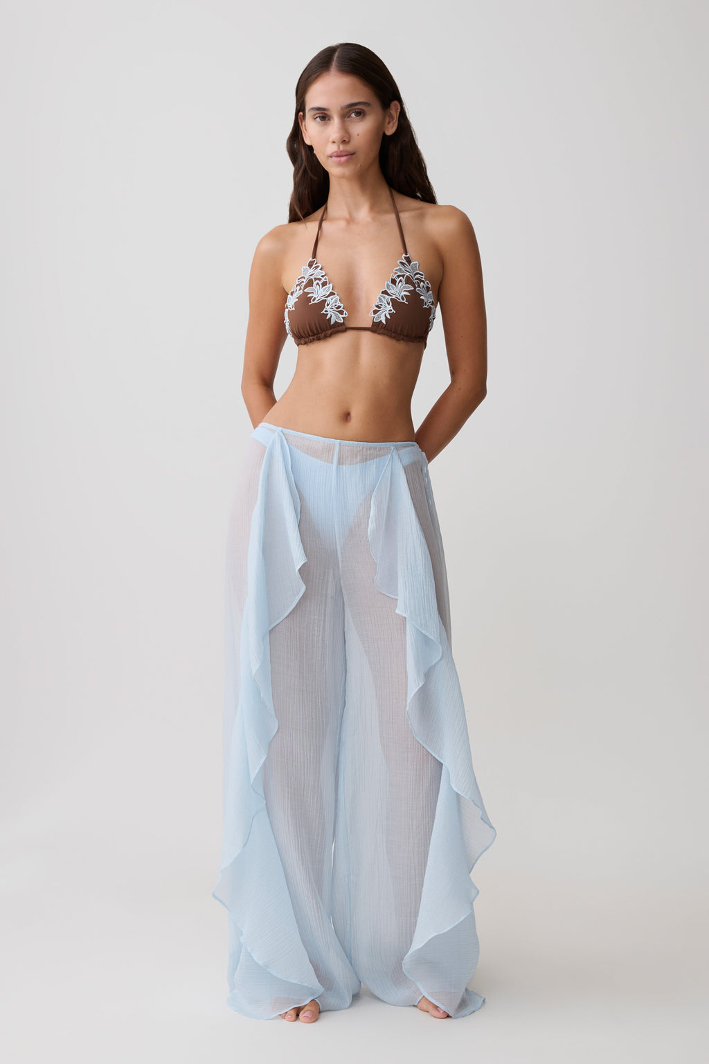 Kai Sheer Draped Ruffle Trouser - Pale Blue