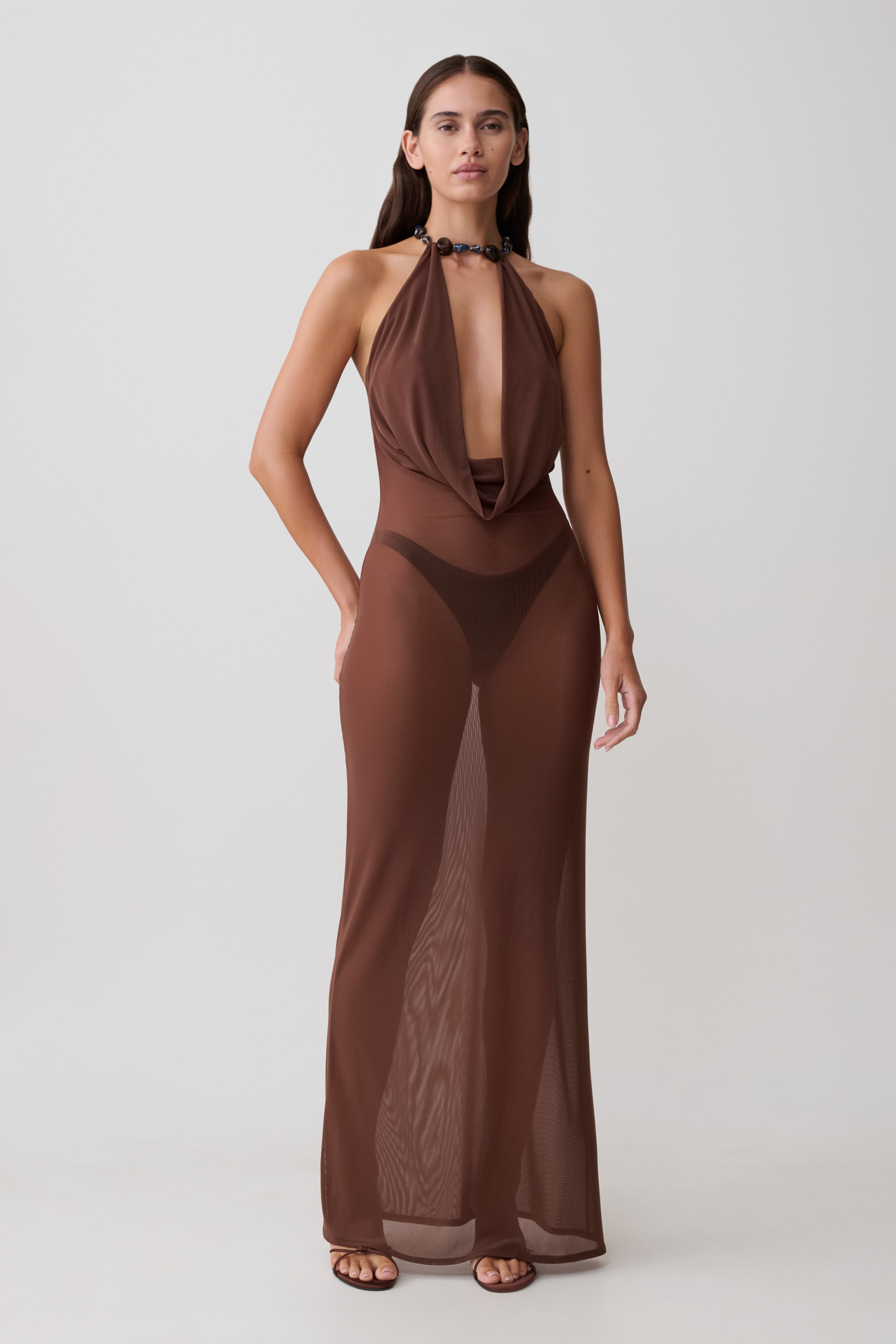Ethal Mesh Cowl Neck Beaded Maxi Dress