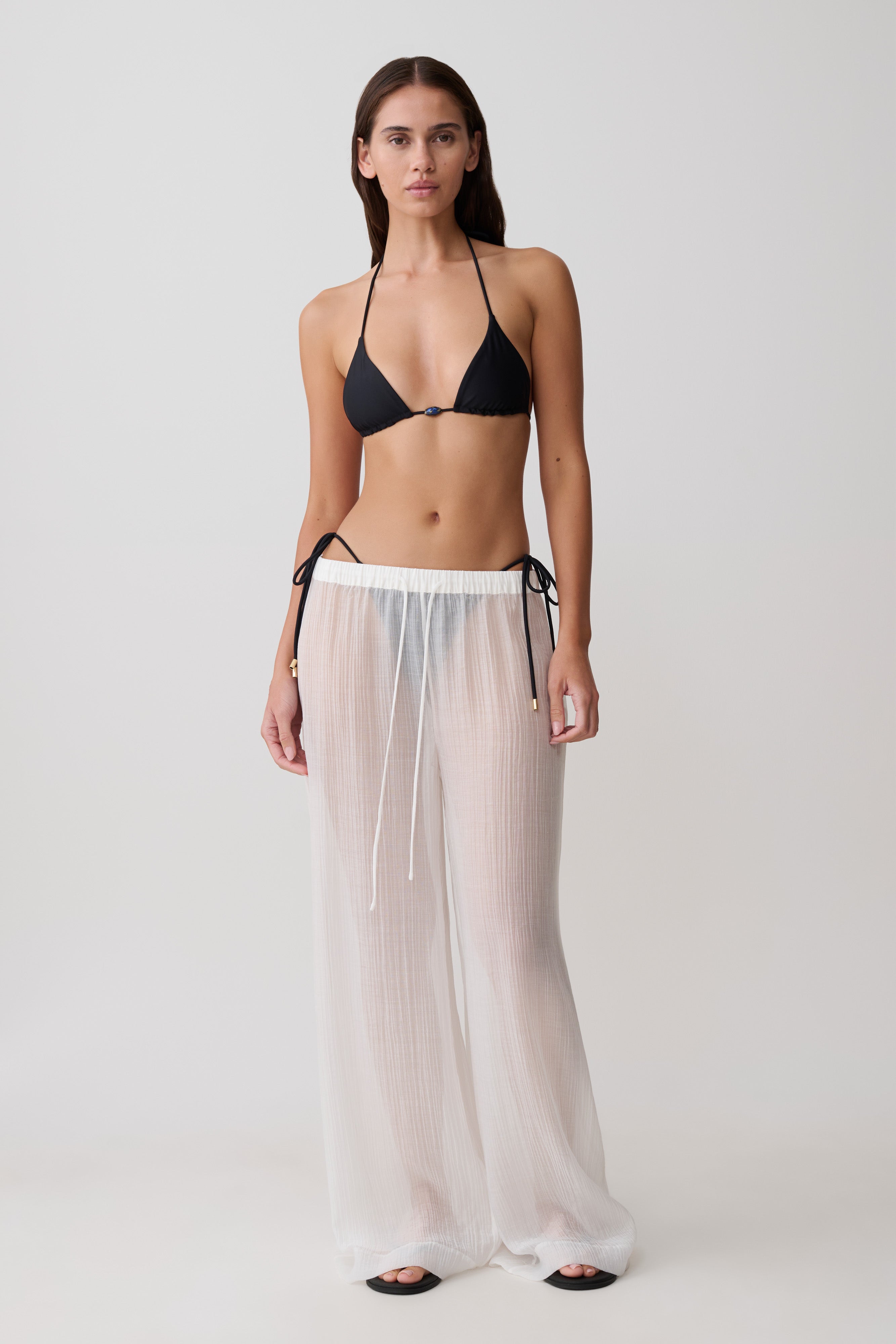 Leilani Sheer Drawstring Wide Leg Trousers - Ivory