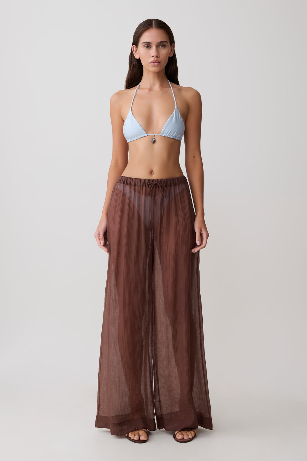 Leilani Sheer Drawstring Wide Leg Trousers - Chocolate