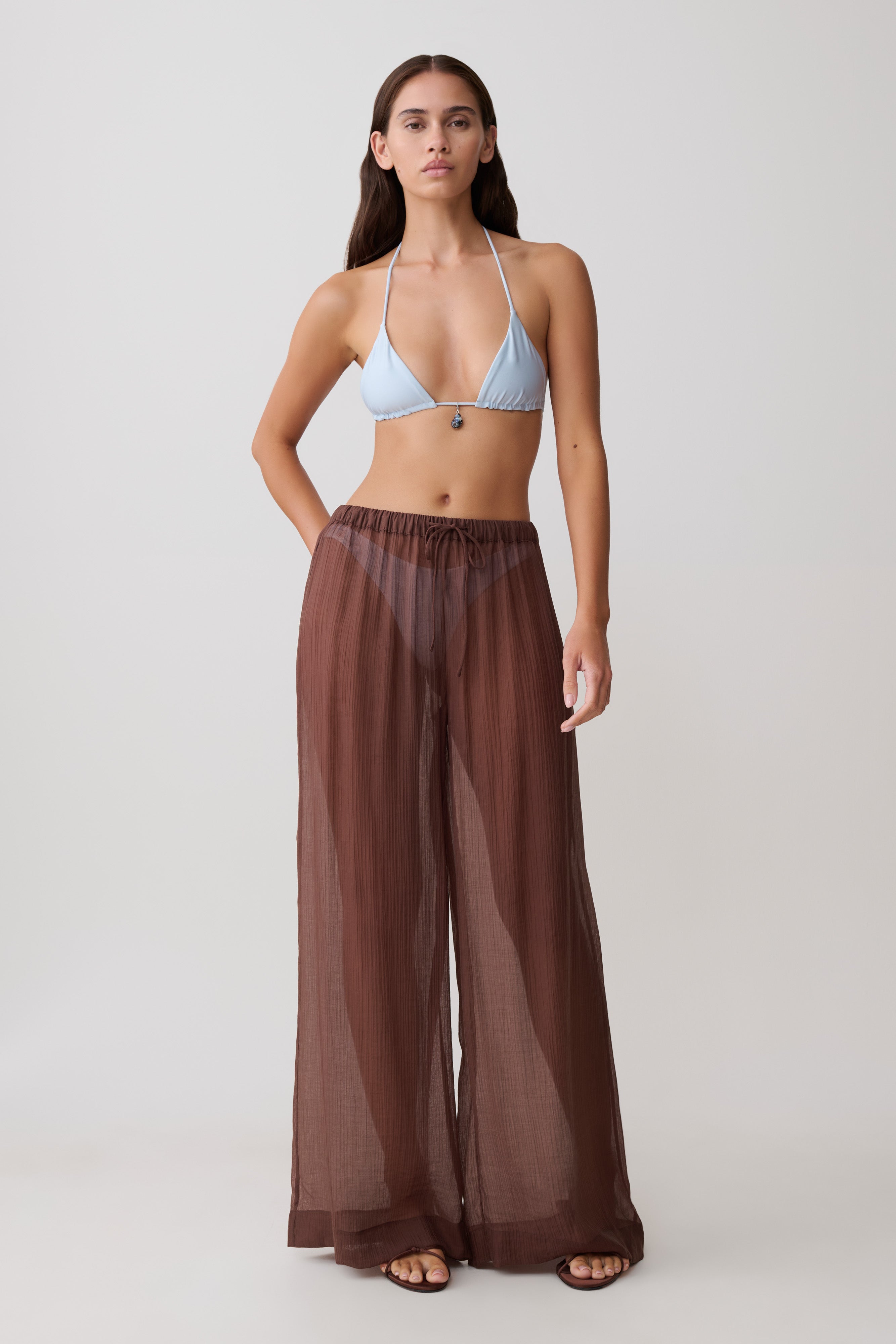 Leilani Sheer Drawstring Wide Leg Trousers - Chocolate