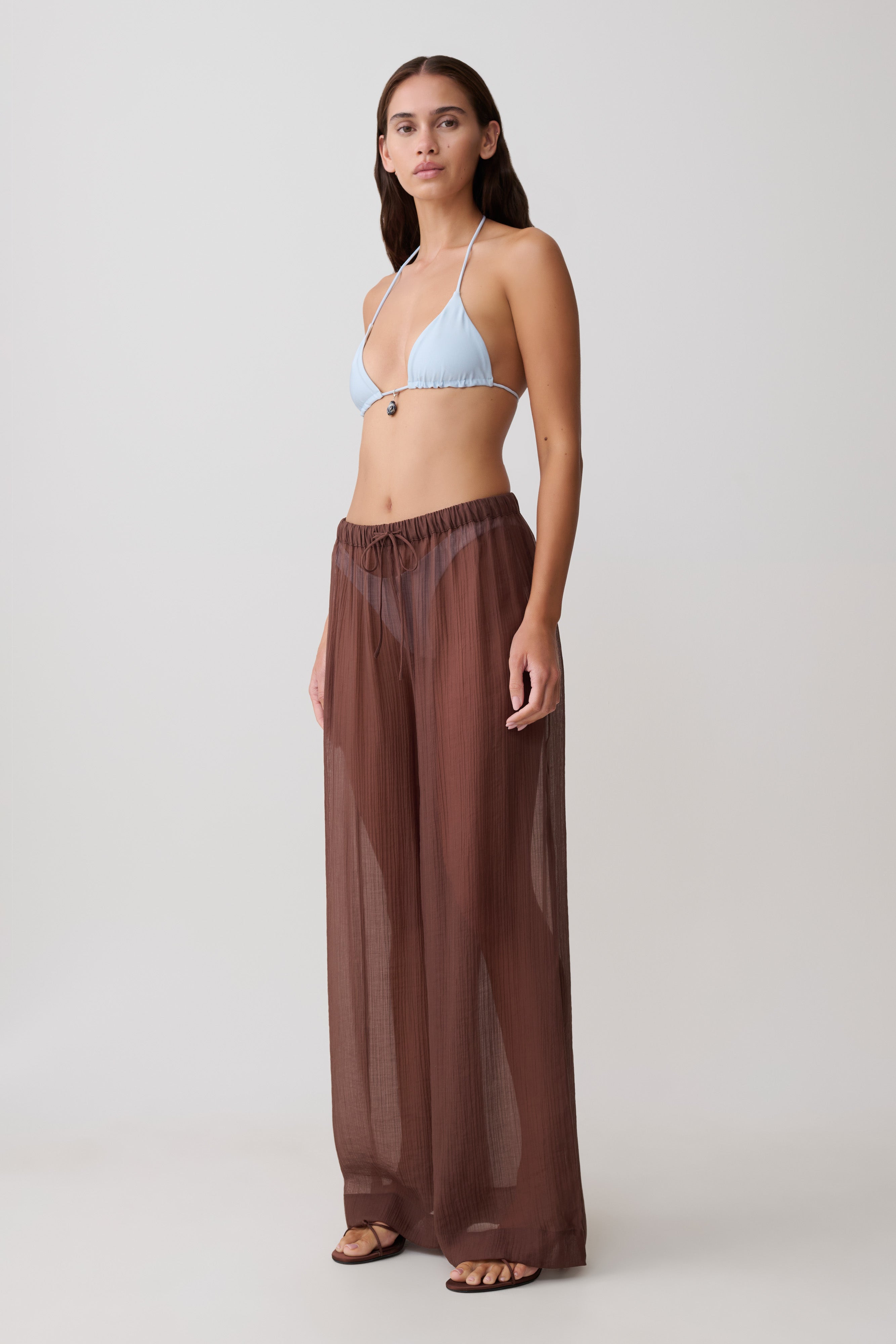 Leilani Sheer Drawstring Wide Leg Trousers - Chocolate