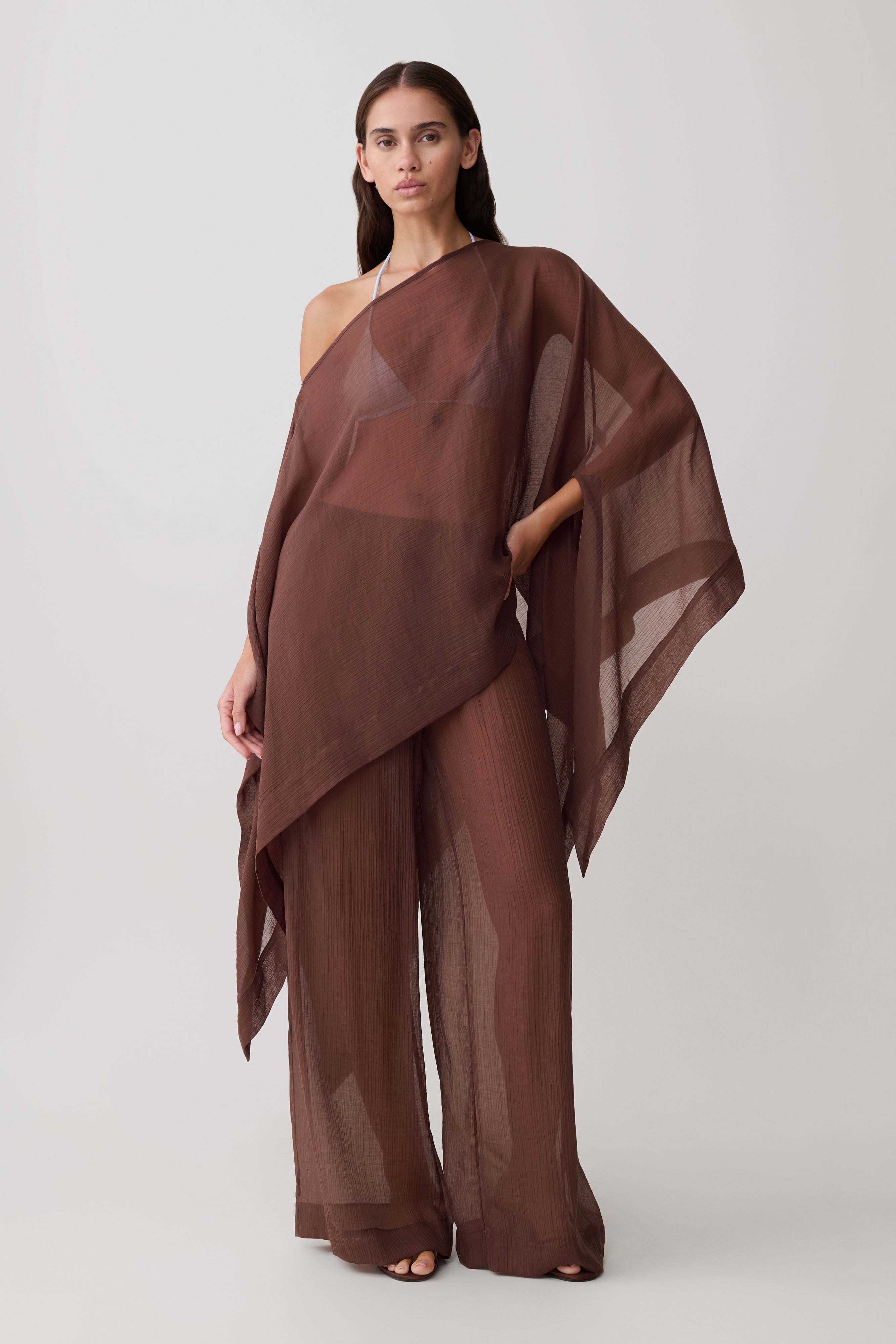 Leilani Sheer Drawstring Wide Leg Trousers - Chocolate