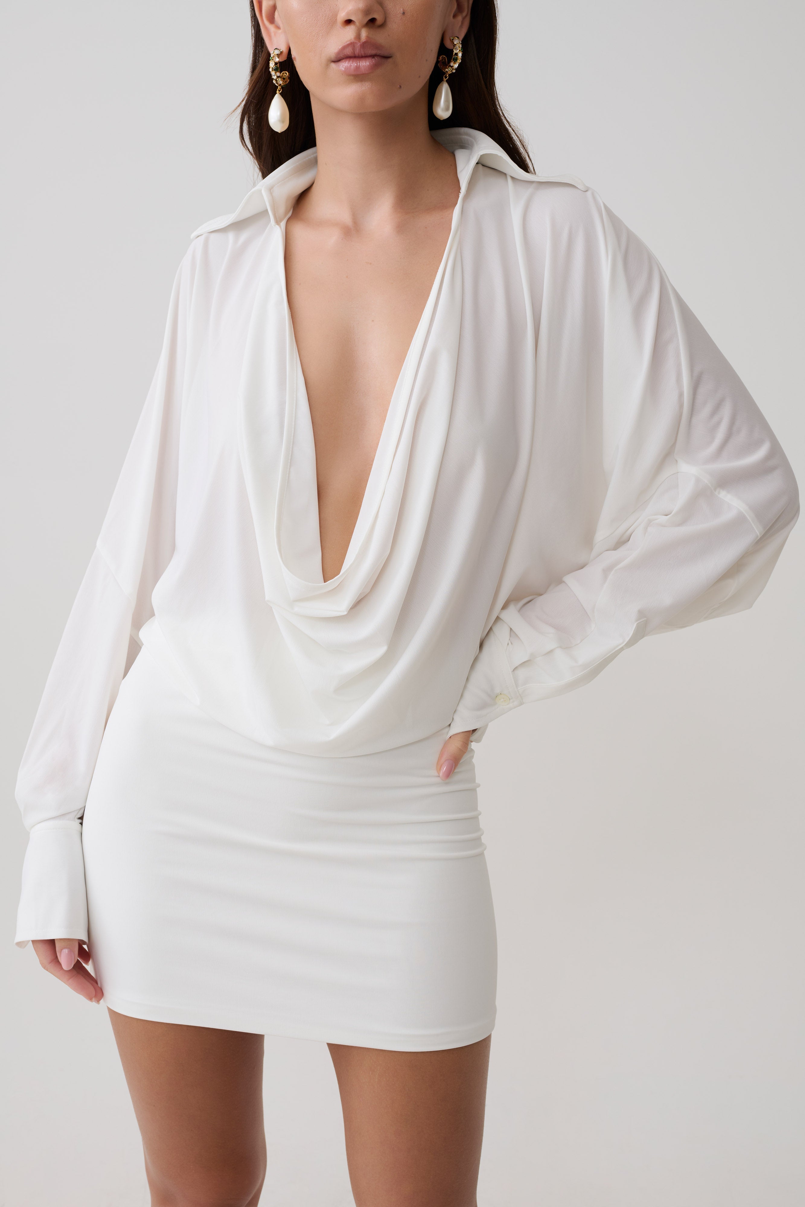 Soleia Cowl Drape Shirt Dress