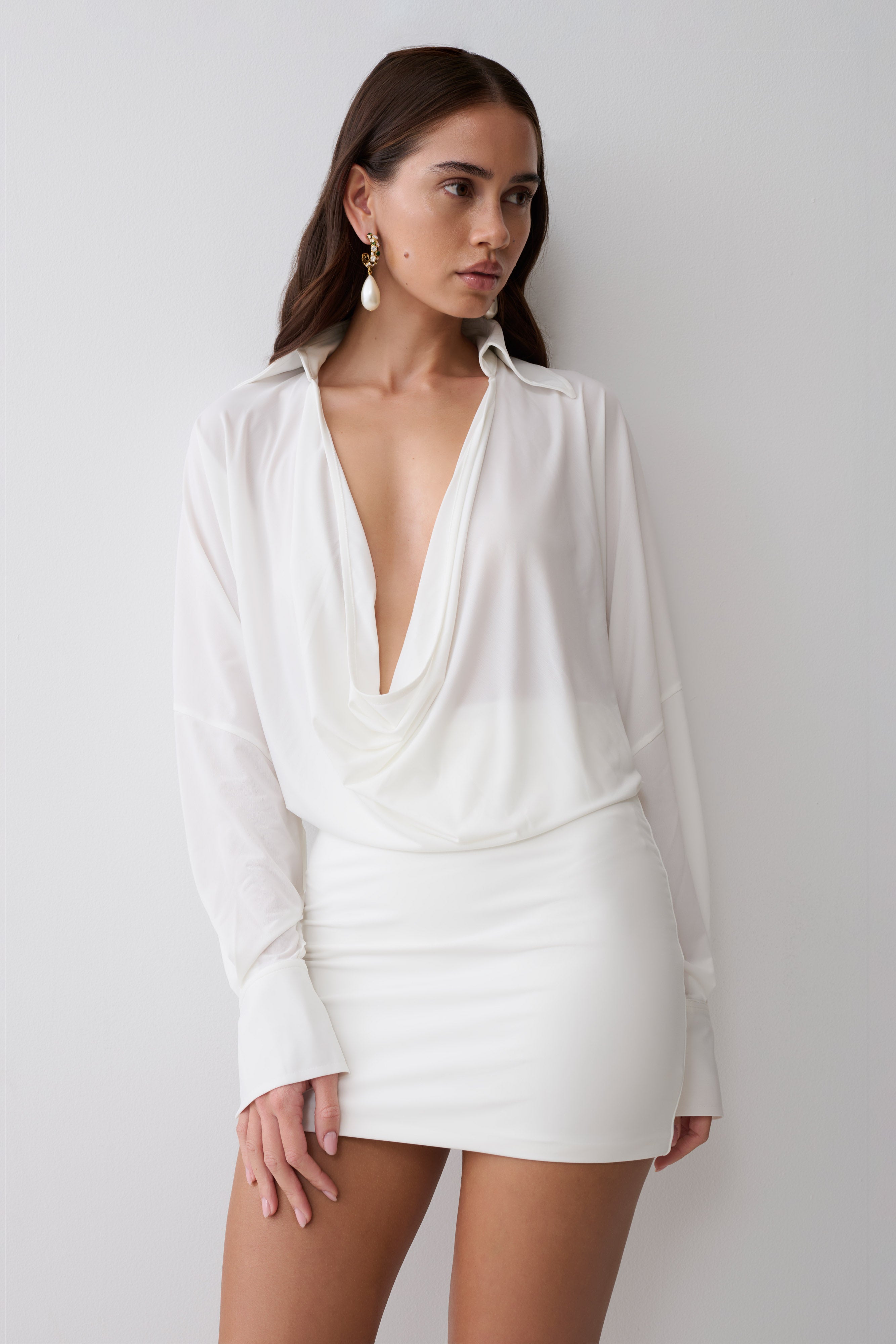 Soleia Cowl Drape Shirt Dress