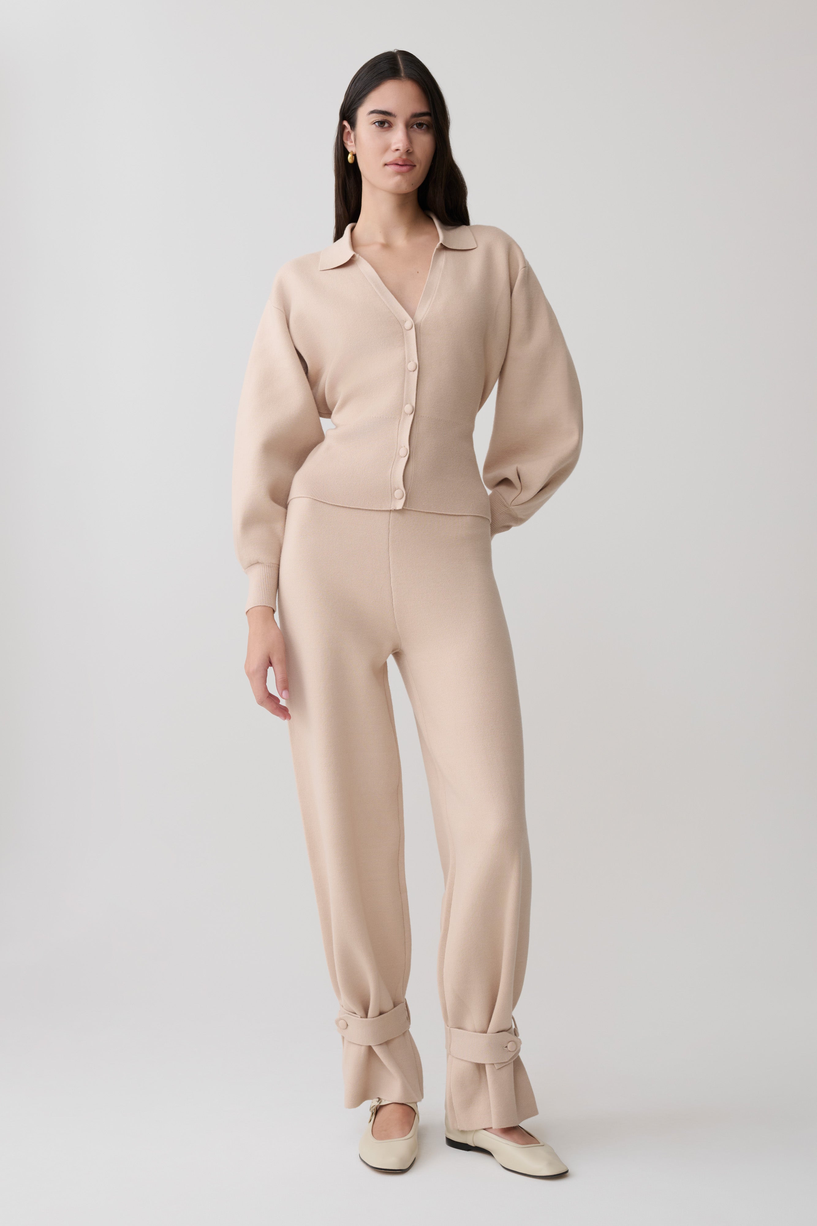 Blaine Knit Cuffed Wide Leg Trousers - Oat Marle