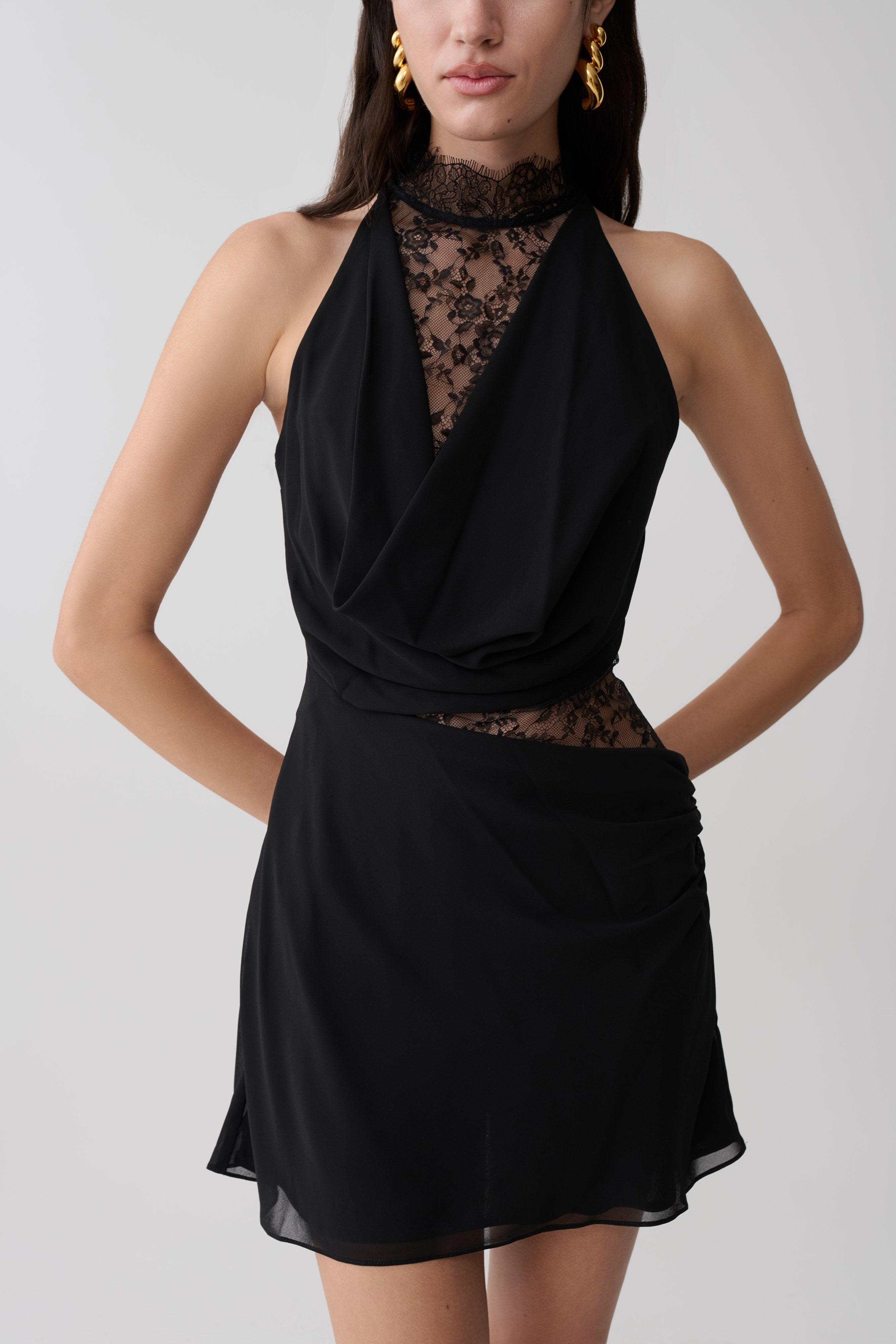Arra Chiffon And Lace Halter Mini Dress