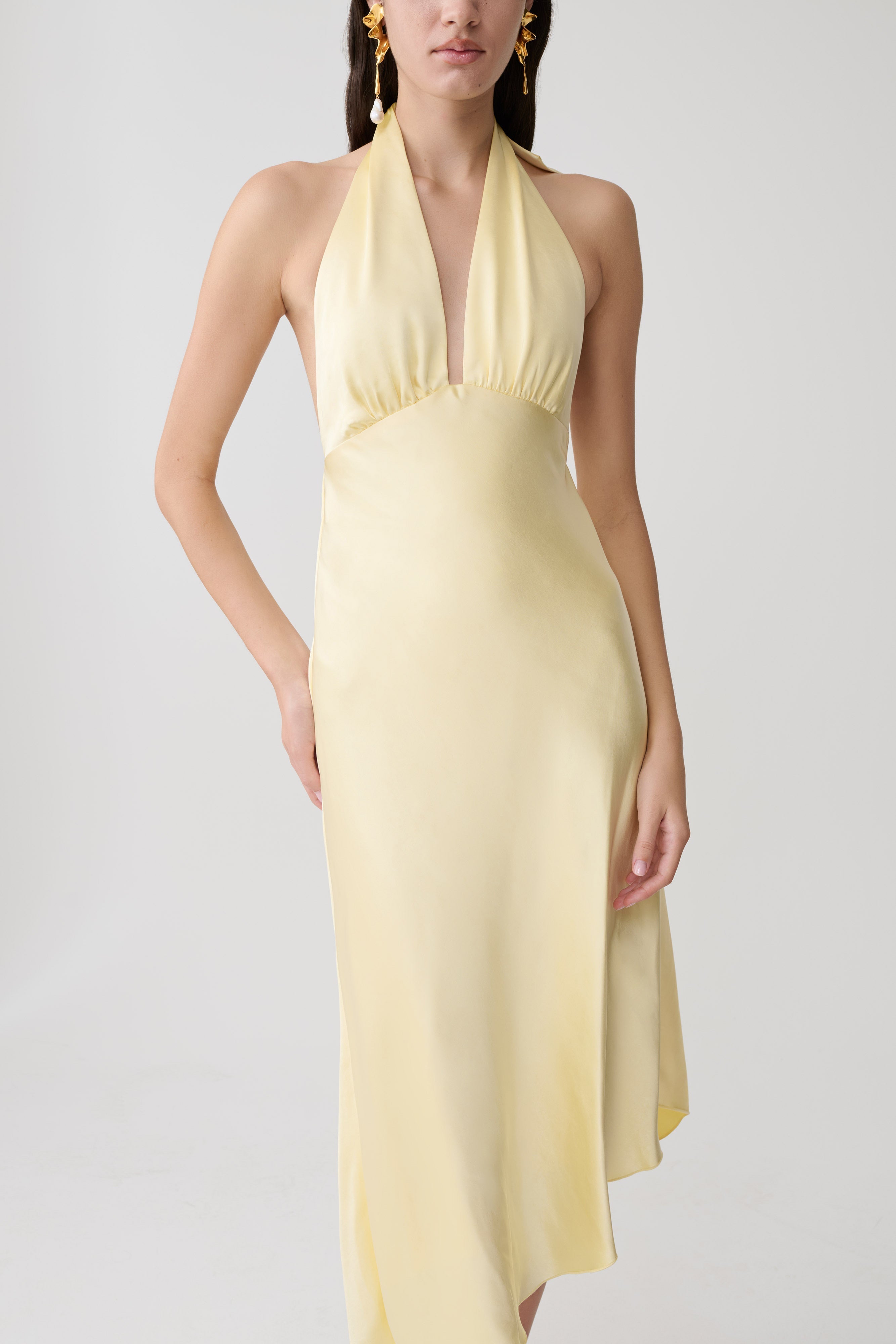 Adelie Asymmetric Hem Halter Midi Dress