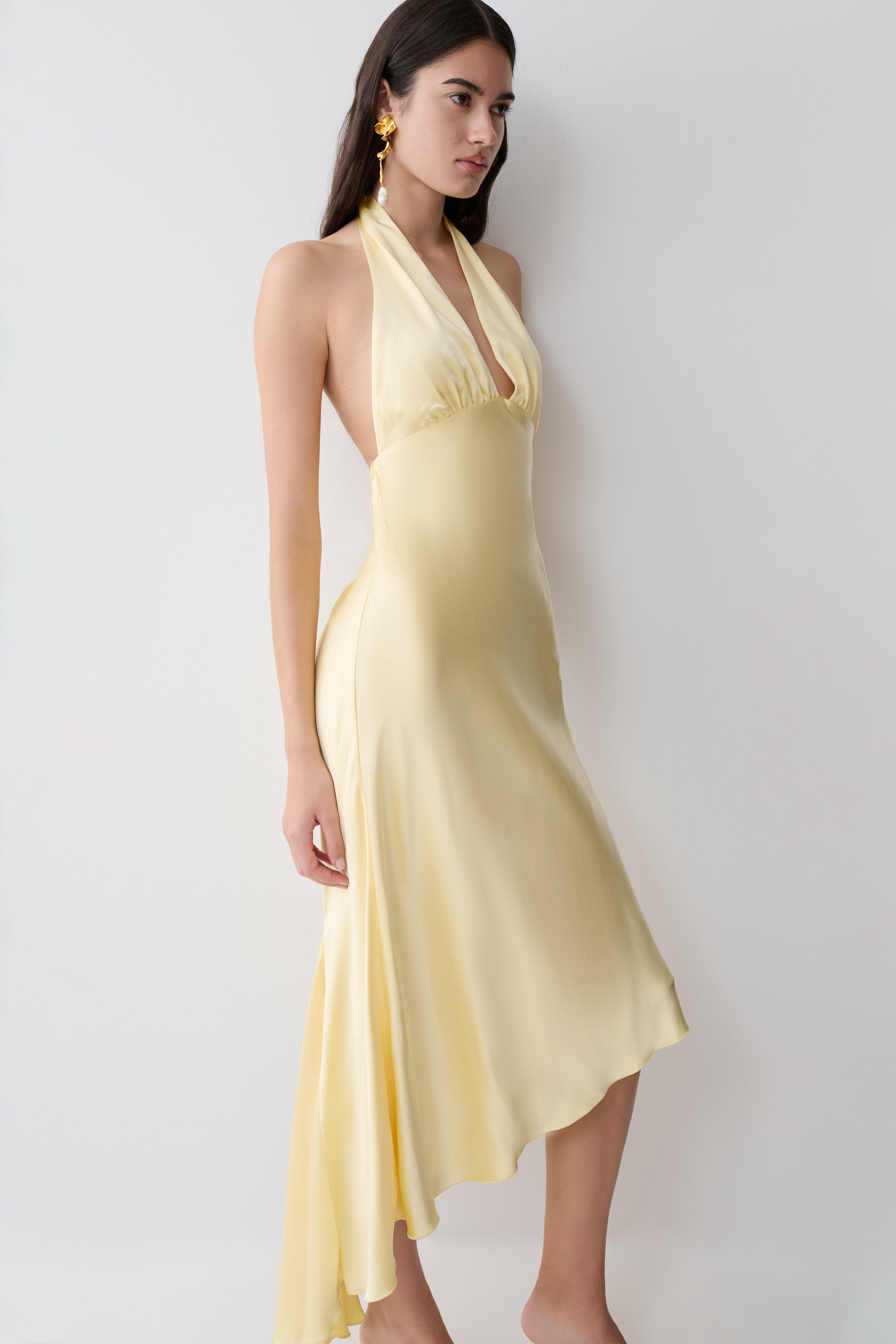 Adelie Asymmetric Hem Halter Midi Dress