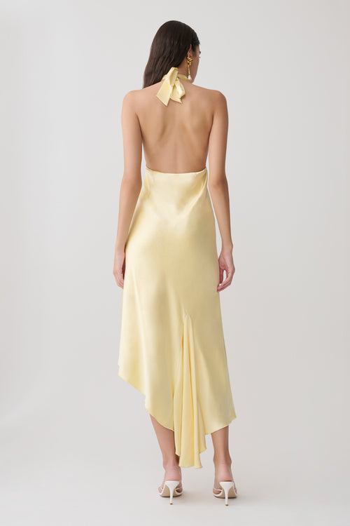 Adelie Asymmetric Hem Halter Midi Dress