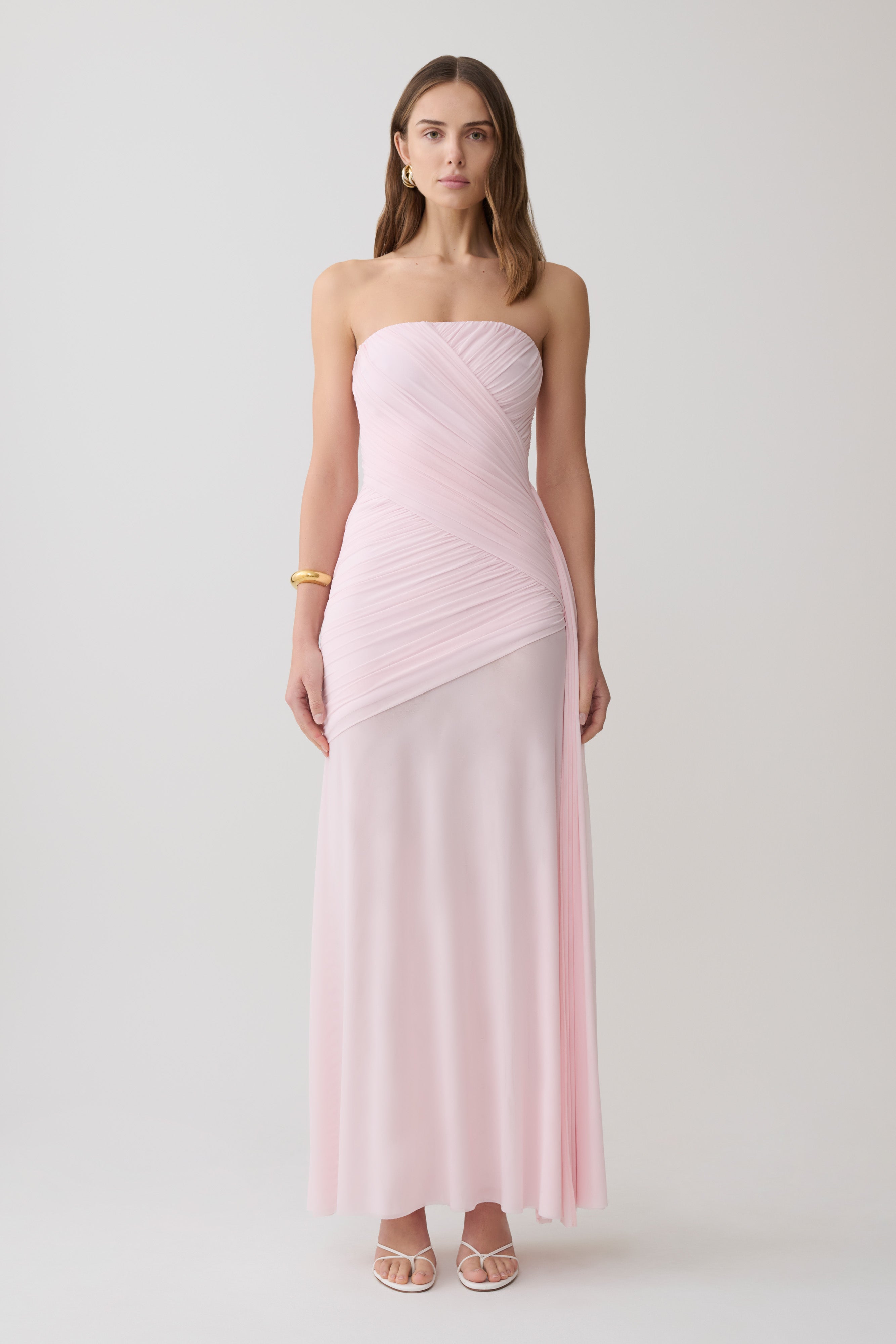 Monet Strapless Ruched Mesh Maxi Dress