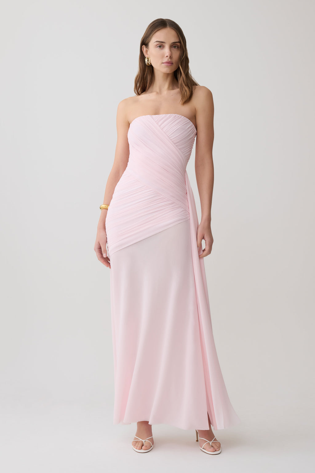 Monet Strapless Ruched Mesh Maxi Dress