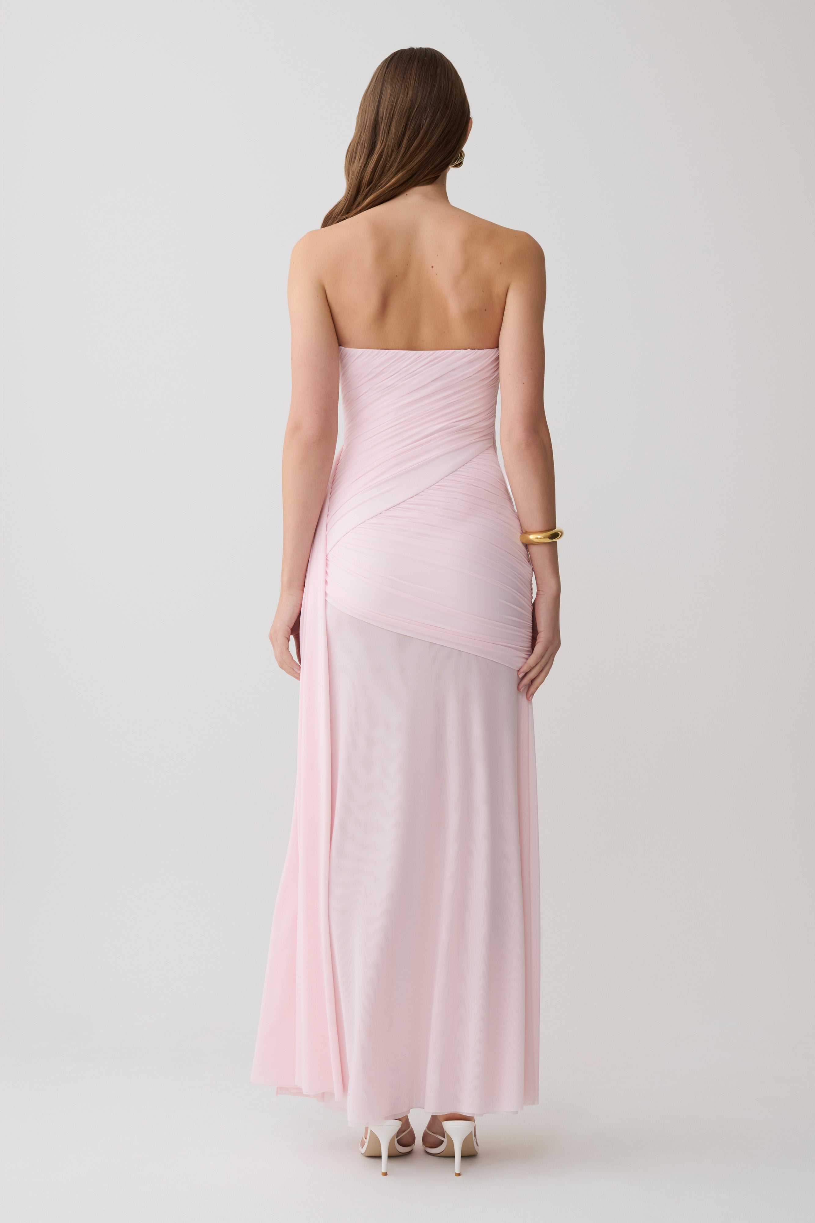 Monet Strapless Ruched Mesh Maxi Dress