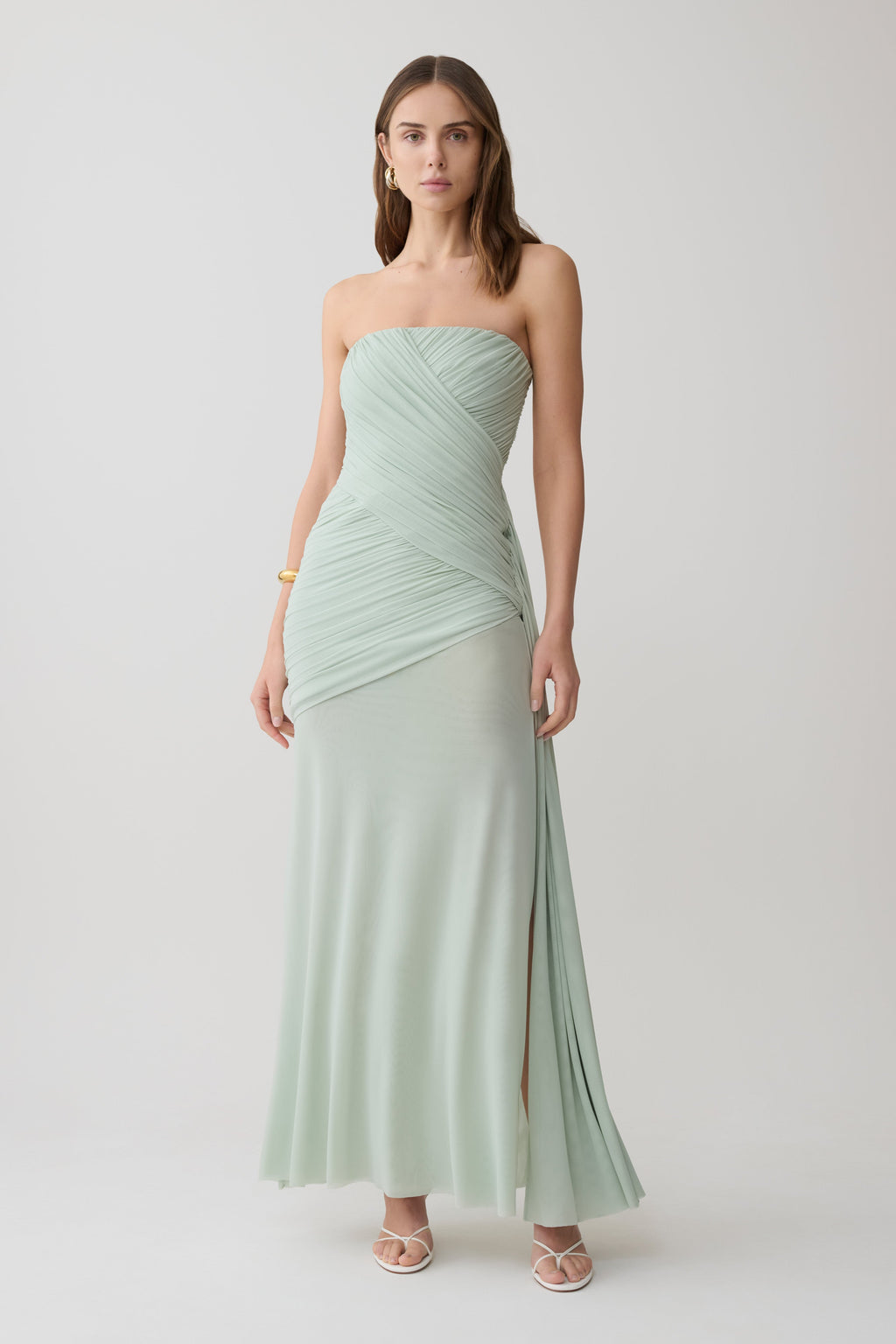 Monet Strapless Ruched Mesh Maxi Dress