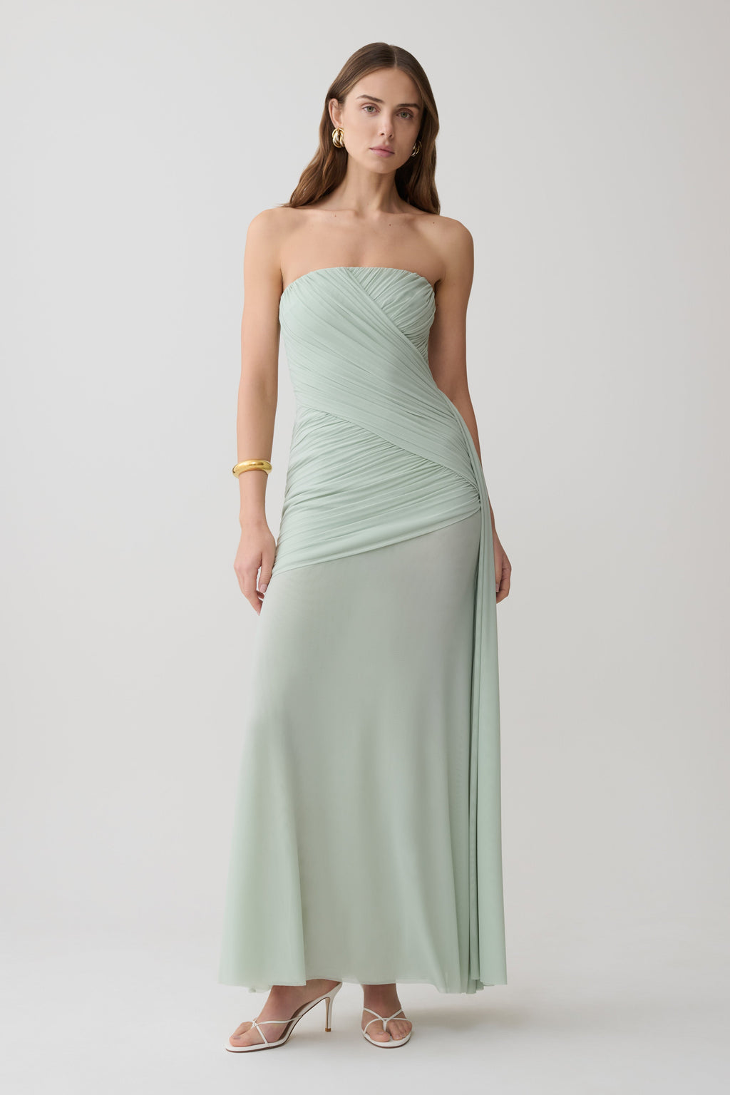 Monet Strapless Ruched Mesh Maxi Dress