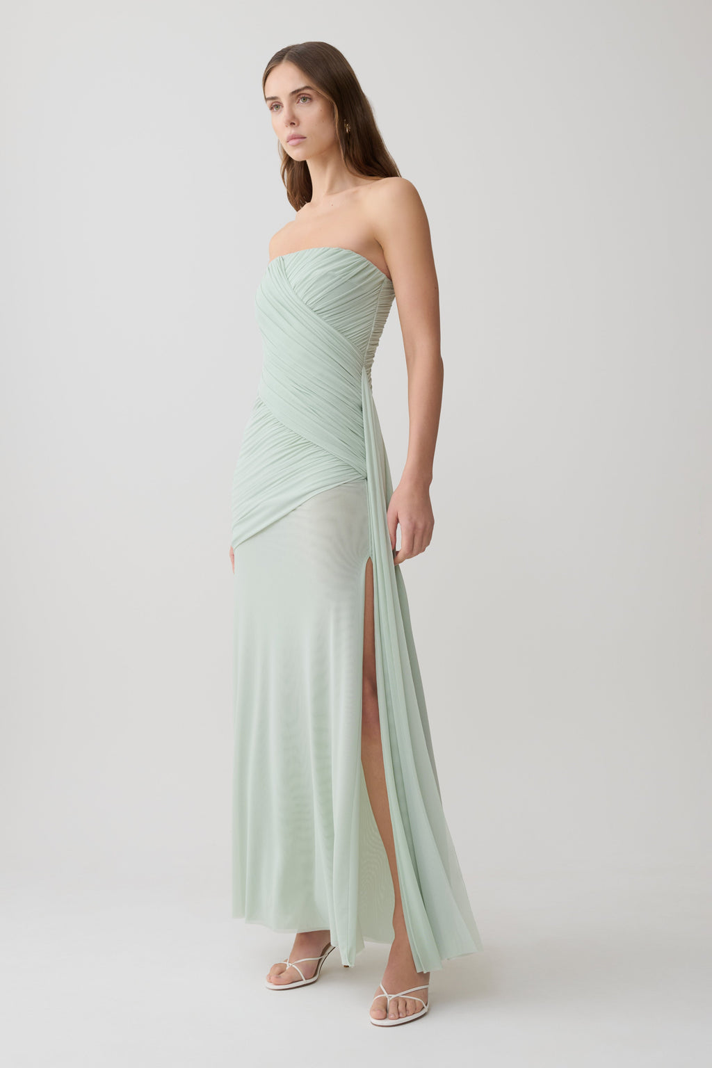 Monet Strapless Ruched Mesh Maxi Dress