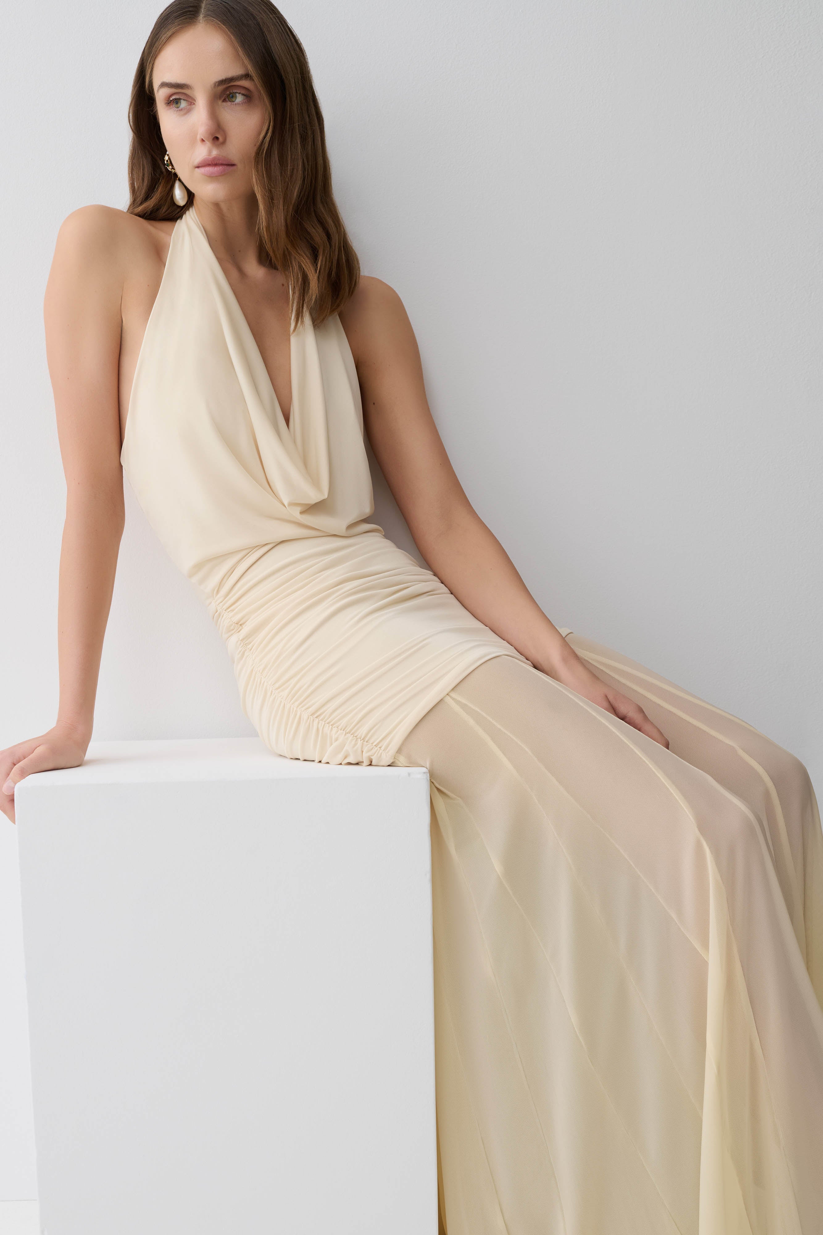 Jorja Draped Halter Slinky Maxi Dress