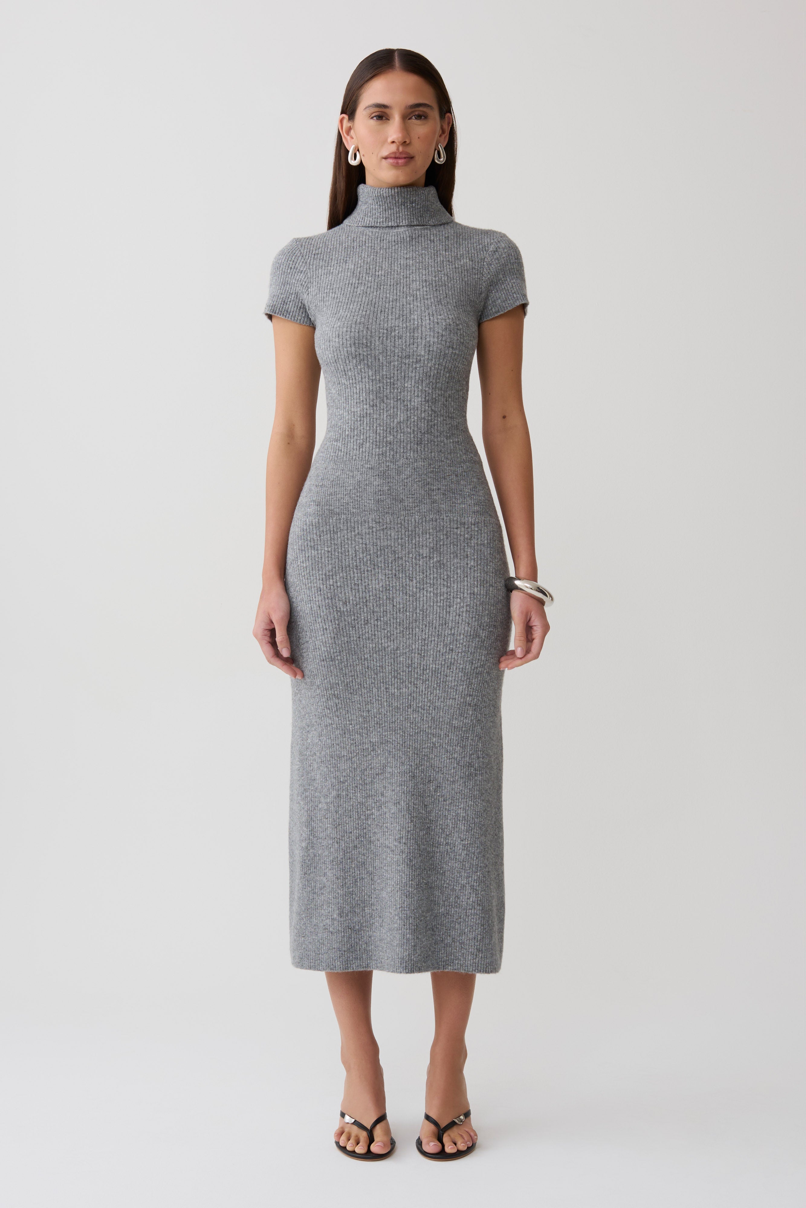 Goldie High Neck Knit Midi Dress in Grey Marle – Chic&Drifts