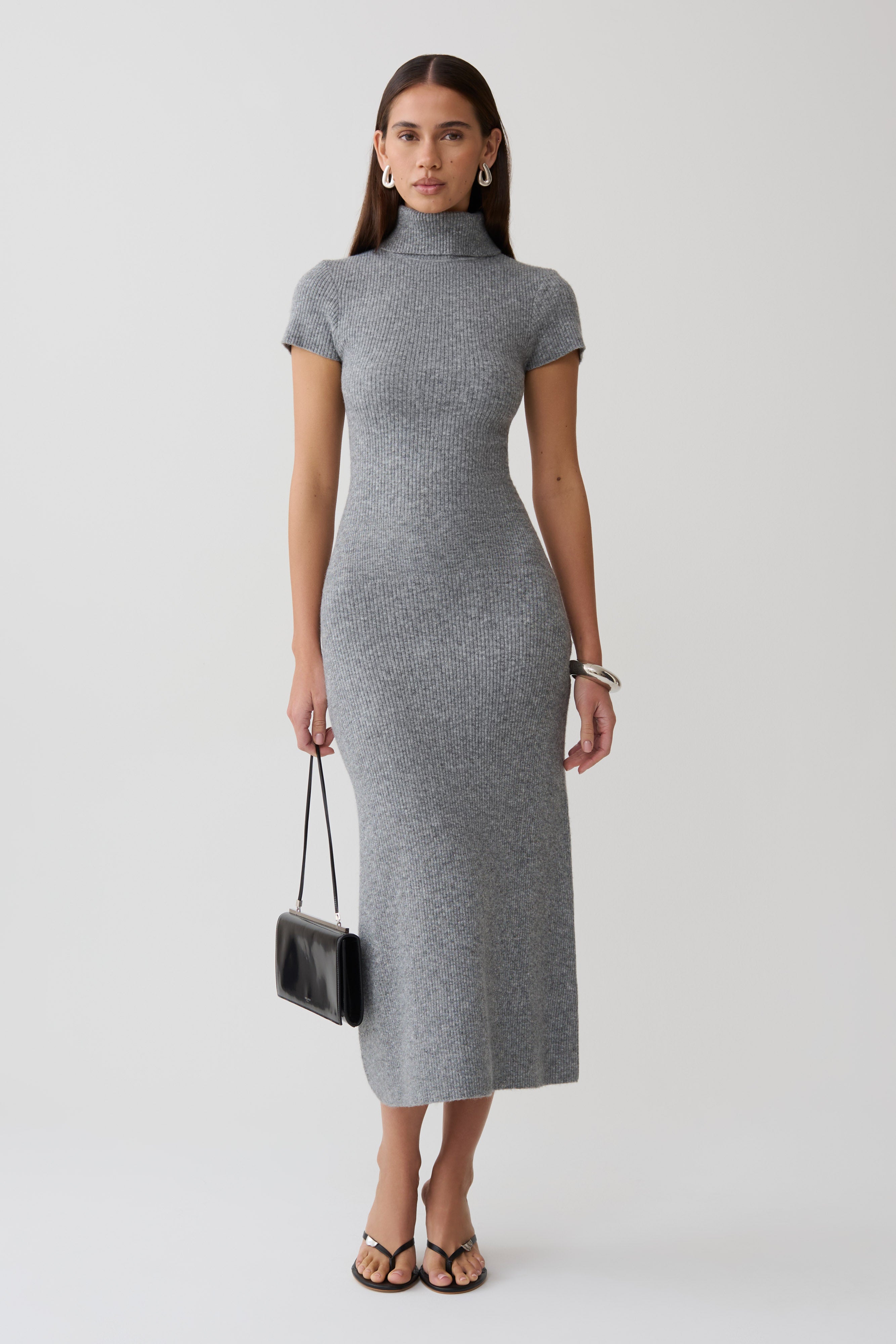Goldie High Neck Knit Midi Dress in Grey Marle – Chic&Drifts