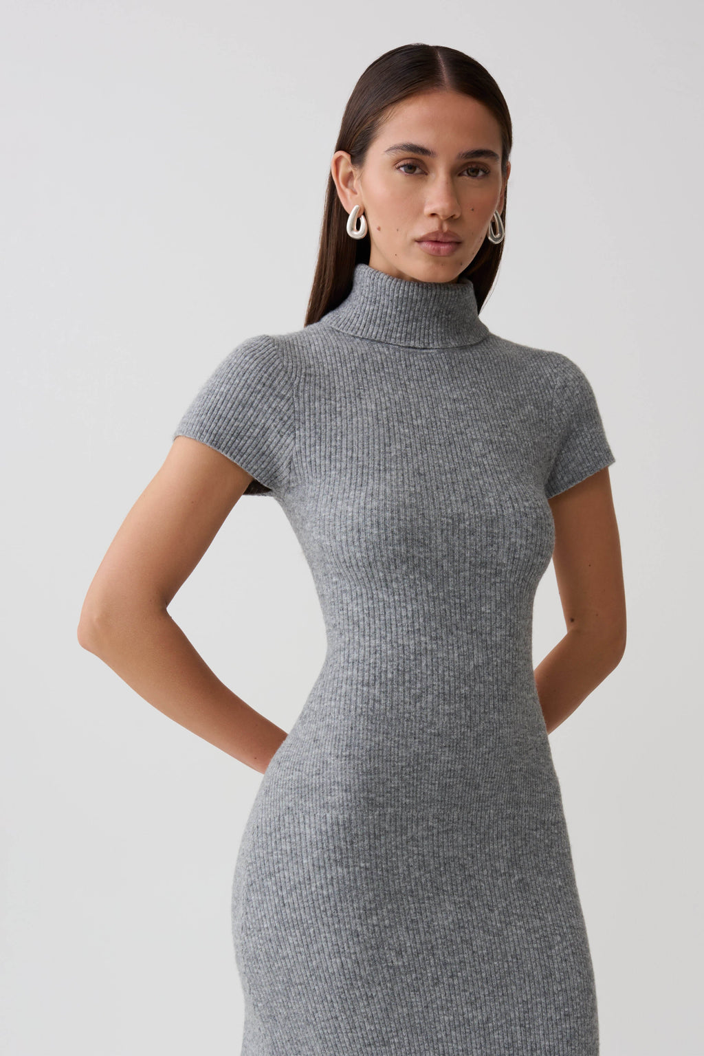 Goldie High Neck Knit Midi Dress in Grey Marle – Chic&Drifts